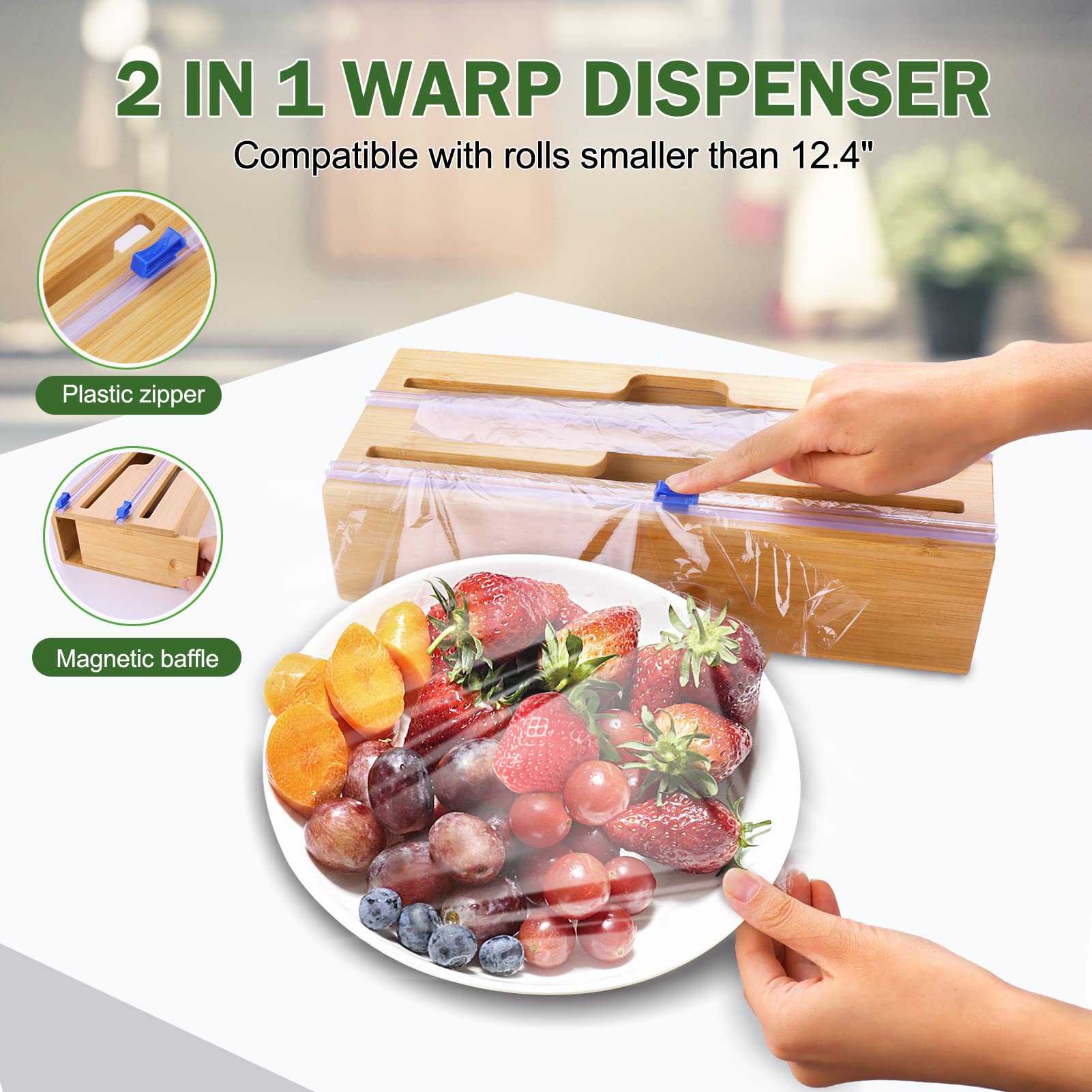 Bamboo Kitchen Drawer Organizer with Foil & Plastic Wrap Storage - Gallon, Quart, Sandwich & Snack Bags Organizer for Pantry, Fridge & Meal Prep