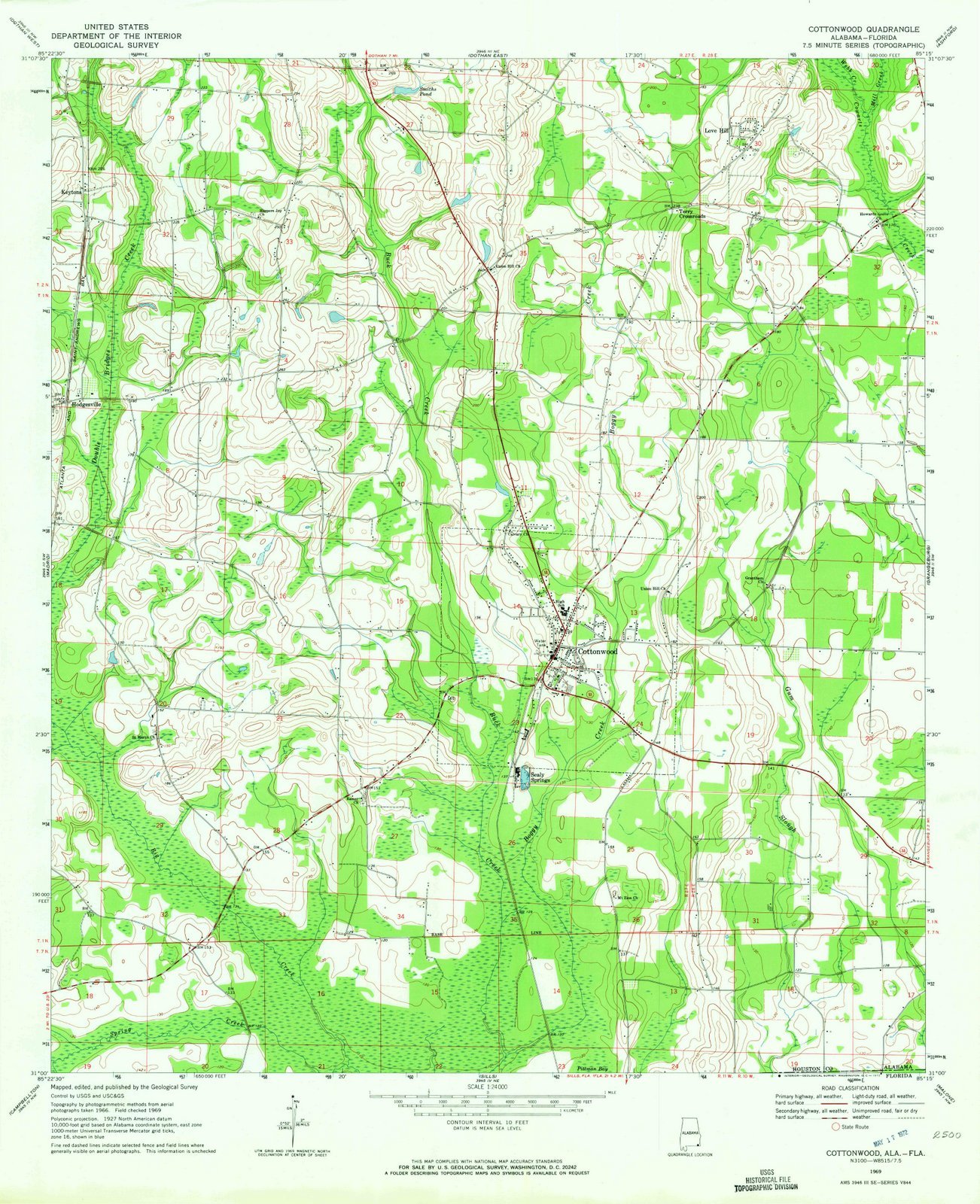 1969 Cottonwood, AL USGS Historical Topographic Map - 35x44 Inch Alabama Wall Art - Vintage Home Decor & Office Wall Map for History Buffs & Geography Enthusiasts