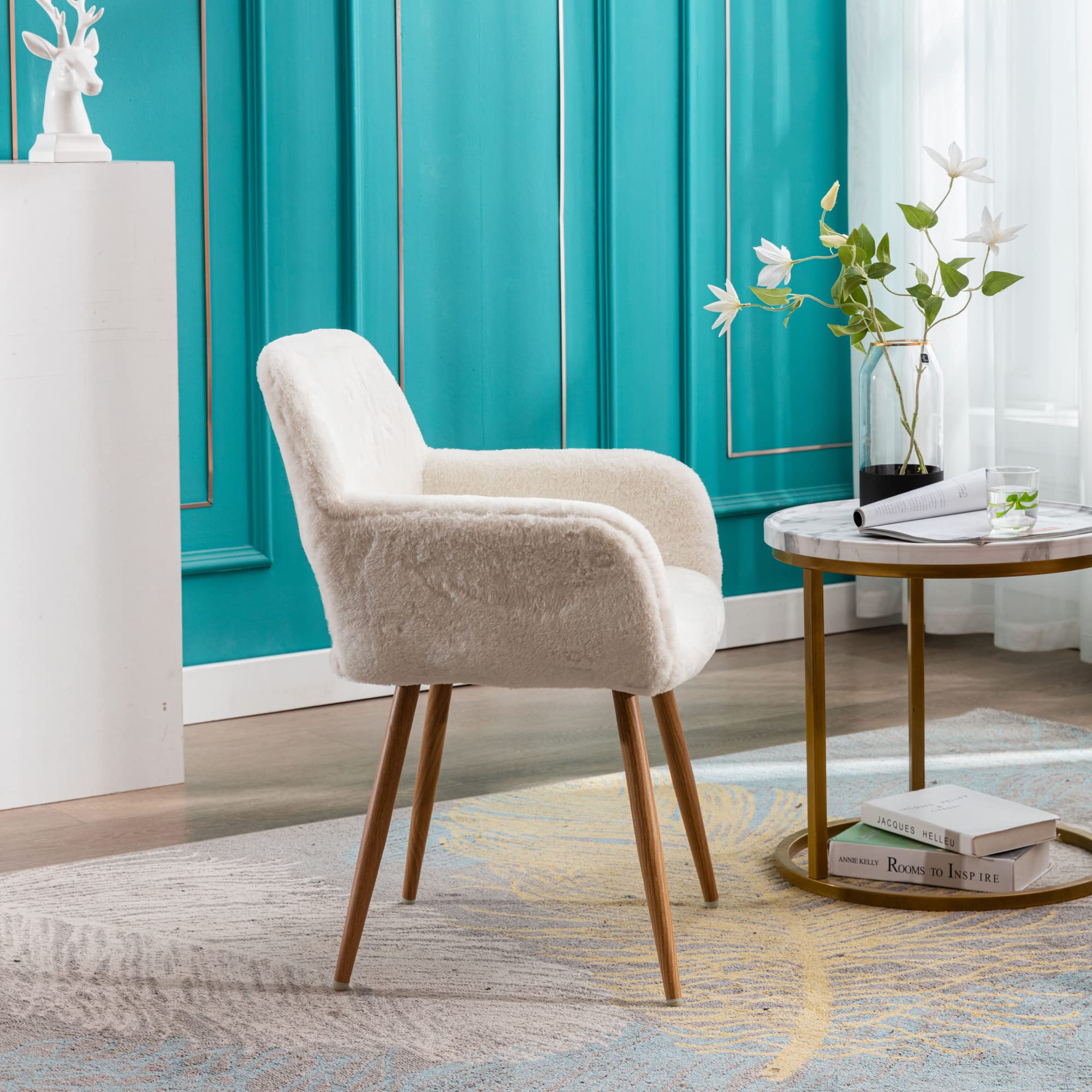 Mid-Century Modern Faux Fur Desk Chair Set of 2 - Comfy Accent Armchair with Wood-Look Metal Legs for Living Room, Dining Room, Home Office & Vanity - Perfect for Teen Girls Bedroom & Makeup Area (White, No Wheels)