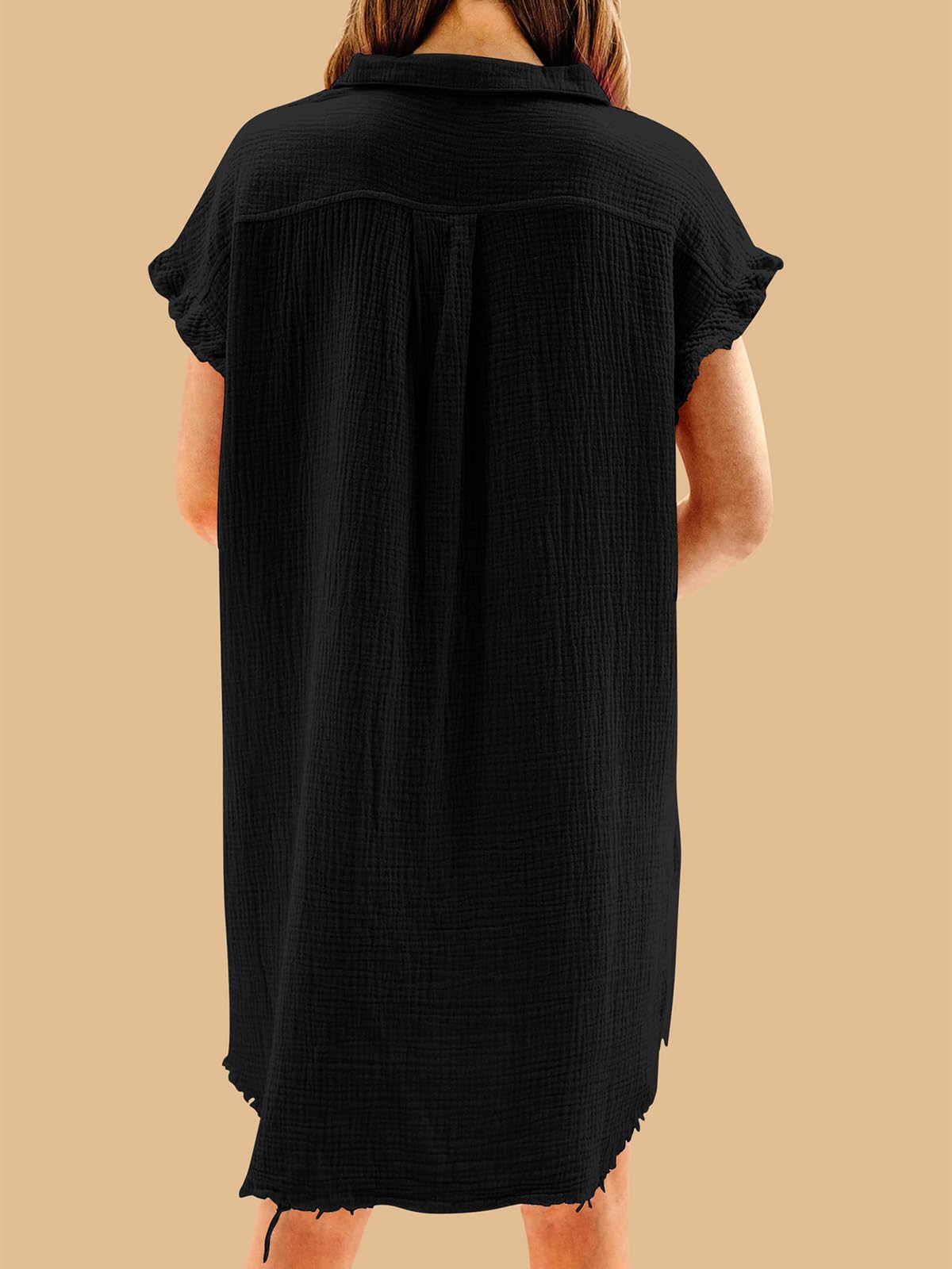 Women's Oversized Cotton Button Down Shirt - Short Sleeve Tunic Dress with Pockets | Beach Cover Up, Casual Blouse Top for Summer Outings & Vacation Wear