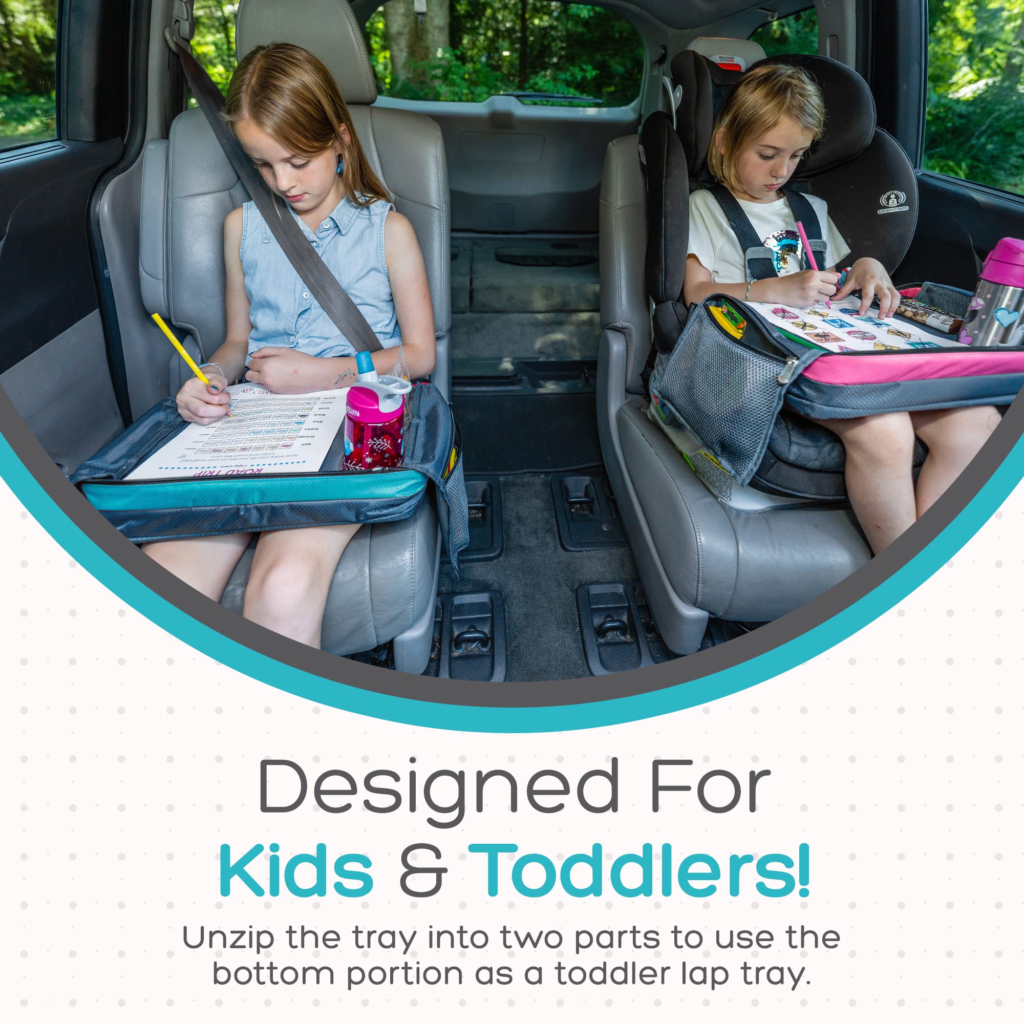 BE Family Travel Kids Car Seat Travel Tray - Portable Snack & Activity Tray for Toddlers - Teal Green Car Accessories for Children - Perfect for Road Trips, Snacks, Toys & Learning Activities