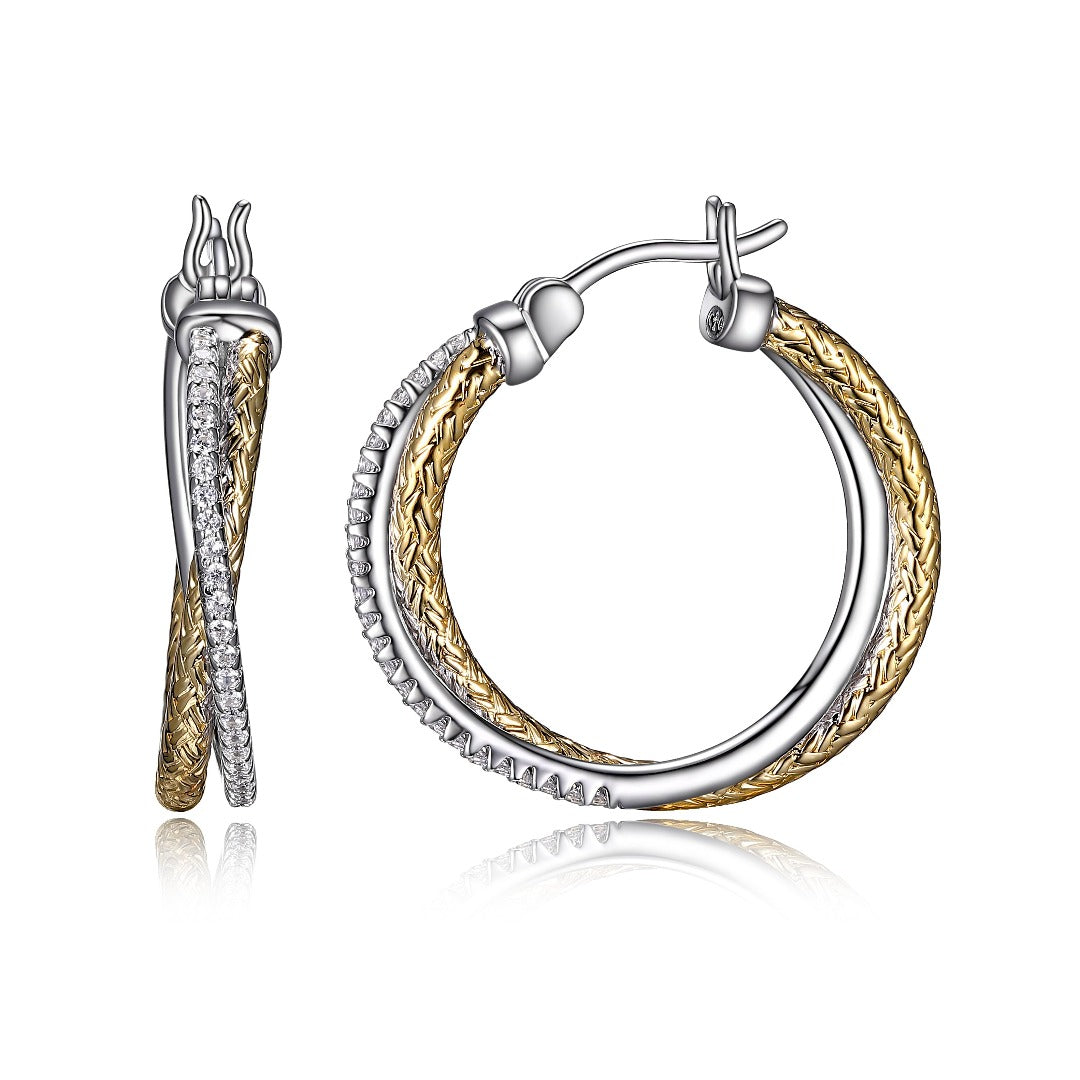CZ Gold Plated Silver Crossed Mesh 25mm Hoop Earrings for Women - Trendy Chunky Statement Jewelry for Parties, Weddings & Everyday Wear