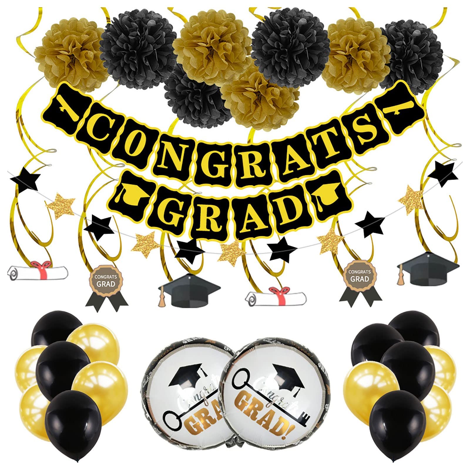 Gold Graduation & Birthday Party Decorations Set - Congrats Grad Banner, Photo Banner, Rainbow Balloons for 2nd Birthday, Dinosaur Theme - Perfect for Graduation Ceremonies, Birthday Parties & Photo Backdrops