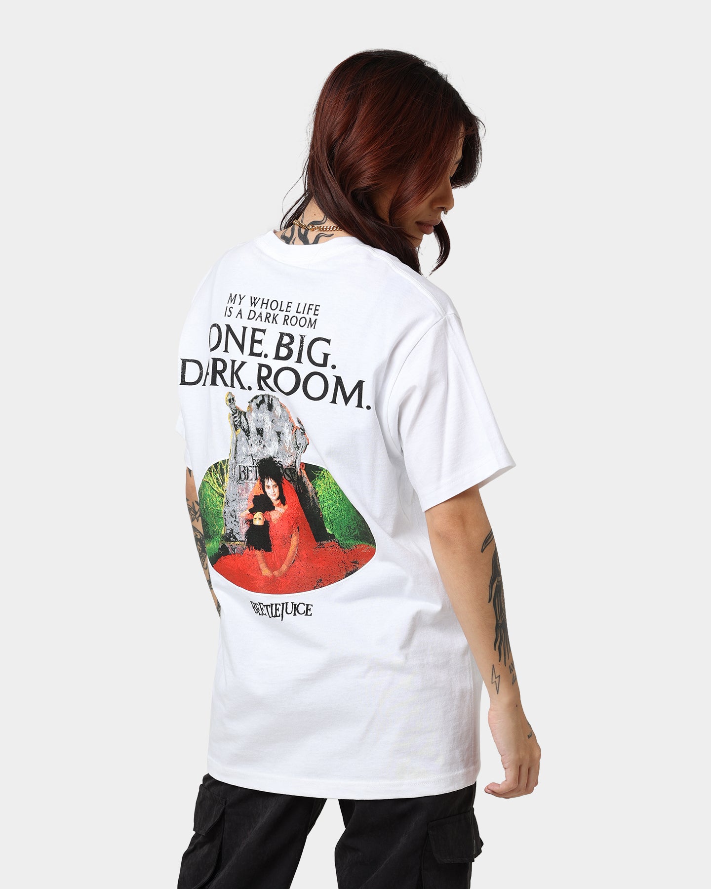 American Thrift X Beetlejuice Lydia Graphic T-Shirt - White Cotton Tee for Movie Fans & Halloween Costumes