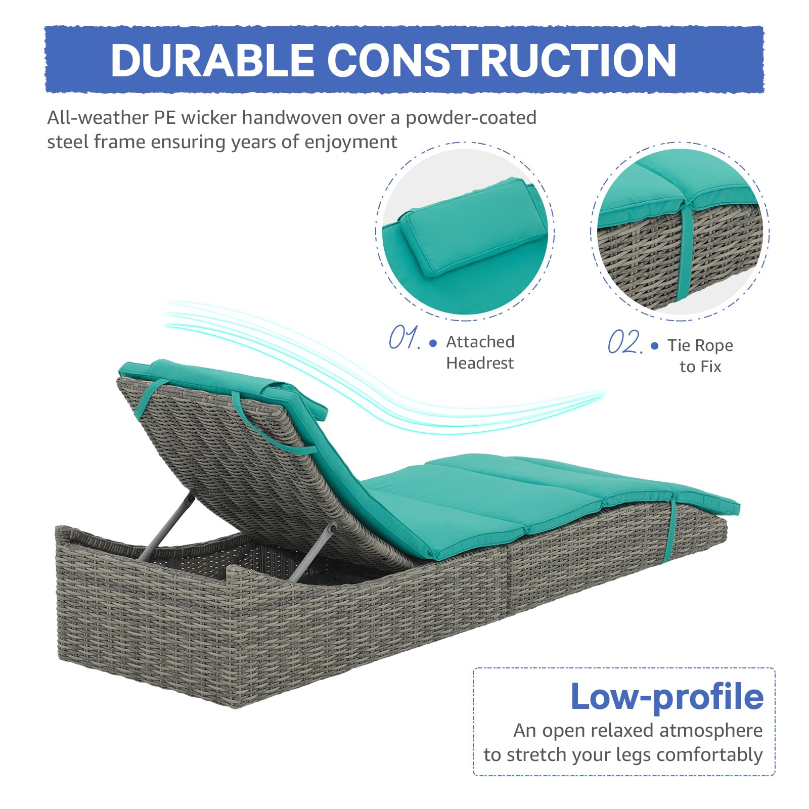 Premium Adjustable Folding Chaise Lounge Chair with Removable Cushion - Patio PE Rattan Recliner for Pool, Beach & Backyard - Fully Assembled Outdoor Furniture (Turquoise) - Perfect for Sunbathing, Relaxing & Poolside Lounging