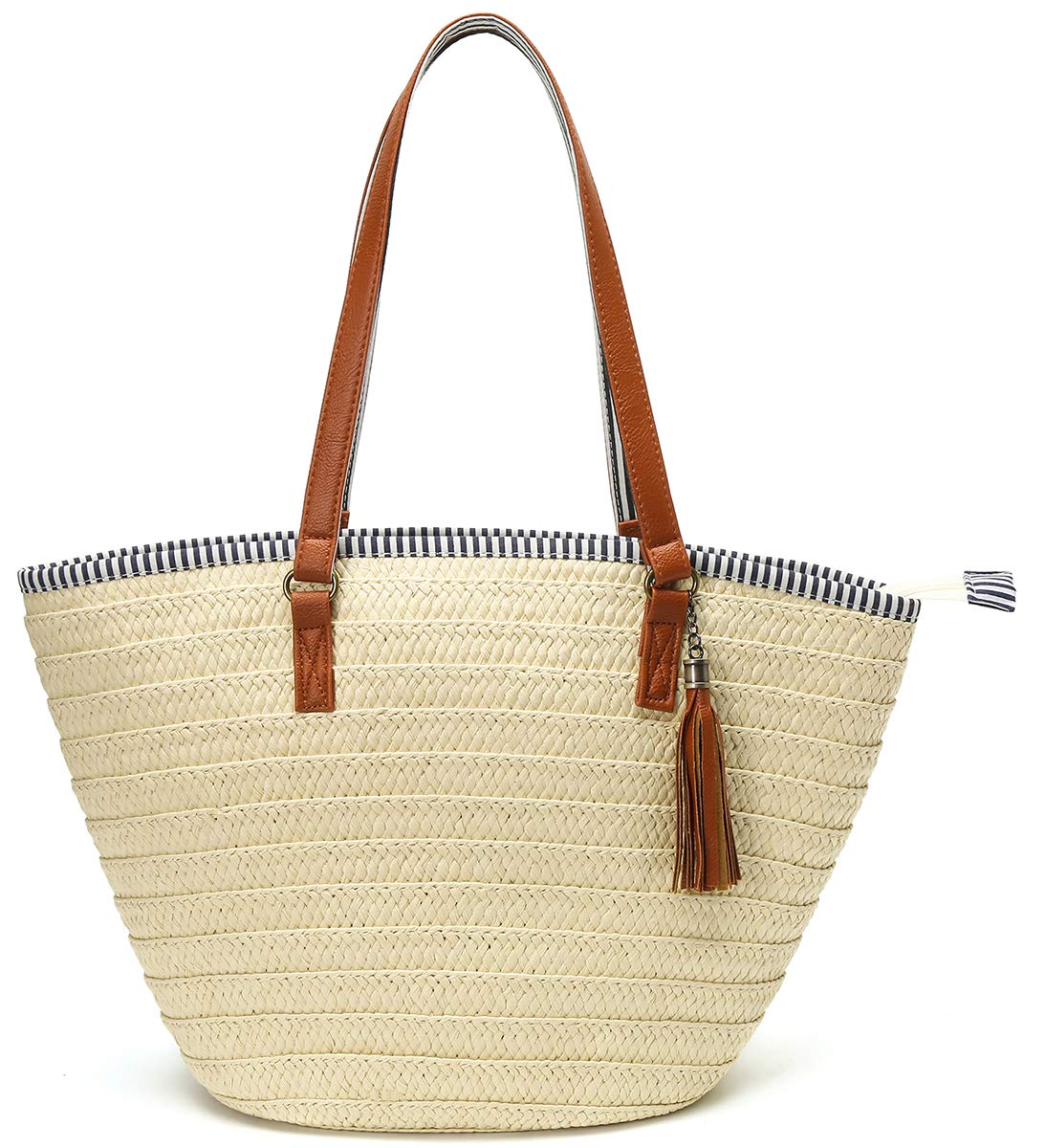 Eco-Friendly Straw Beach Tote Bag with Tassels & Pom Poms - Handwoven Boho Shoulder Bag for Women - Perfect for Summer Vacations, Pool Parties & Beach Getaways