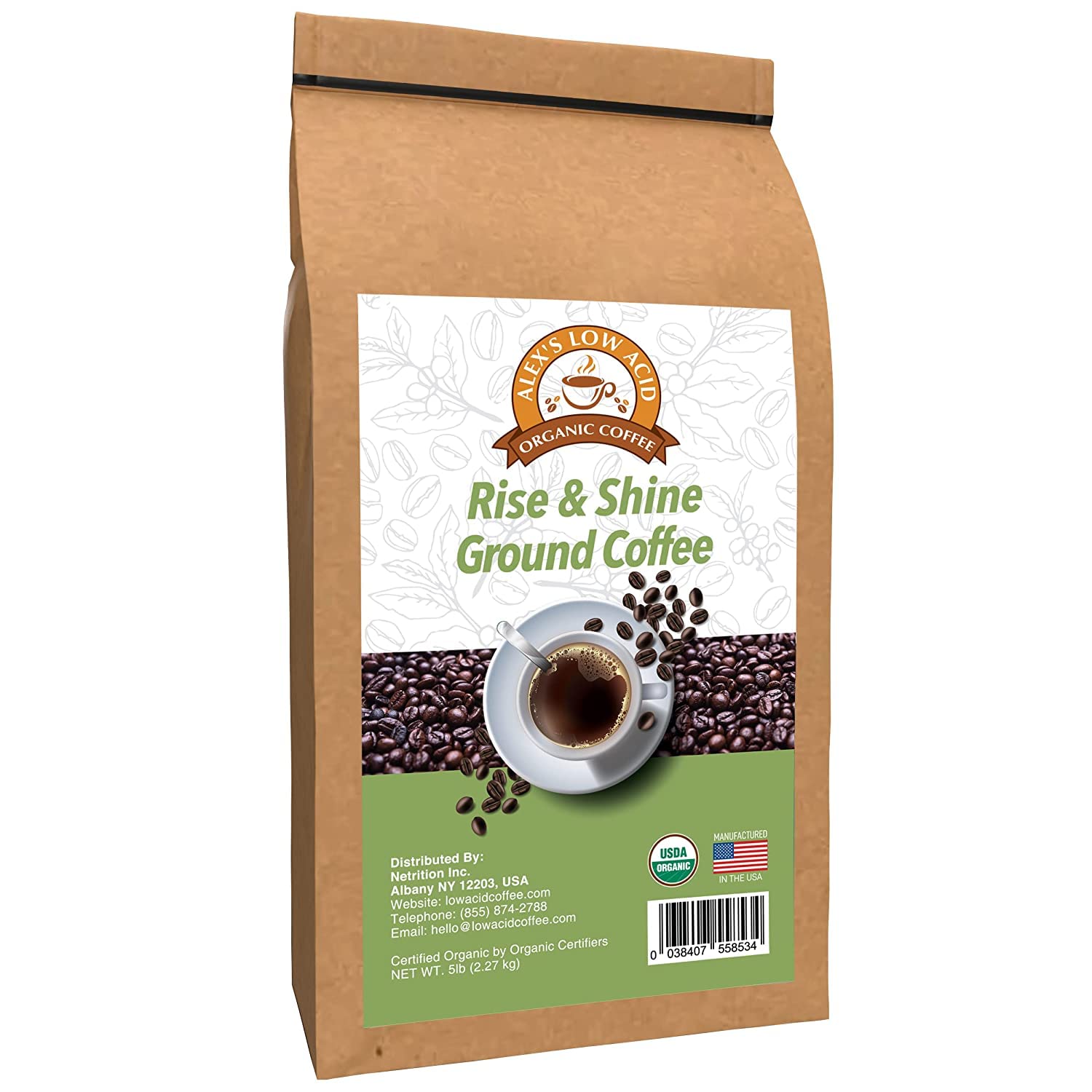 Alex's Low Acid Organic Coffee 5lb Bag - Fresh Ground Premium Blend for Sensitive Stomachs | Perfect for Morning Brew, Office Use & Gift Giving
