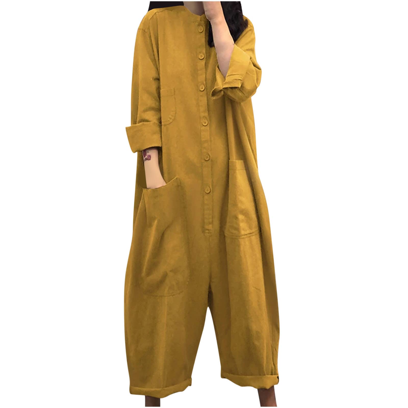 Posijego Women's Linen Cotton Jumpsuit - Loose Fit Casual Long Sleeve Backless One Piece Overalls | Perfect for Summer Outings, Beach Vacations & Boho Fashion