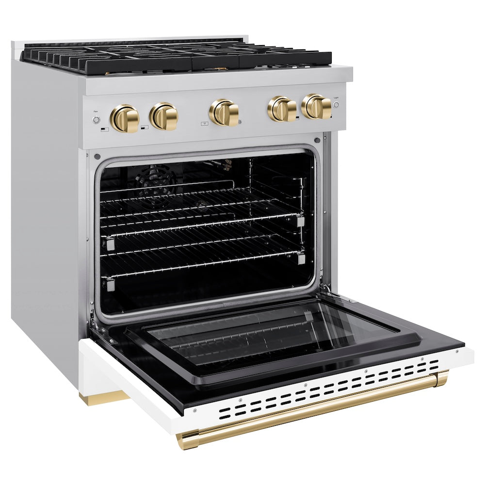 ZLINE Autograph Edition 30-inch 4.2 cu. ft. Stainless Steel Gas Range with 4 Burner Cooktop & Convection Oven - White Matte Door & Polished Gold Accents (SGRZ WM 30 G) | Professional Kitchen Appliance for Home Chefs & Cooking Enthusiasts