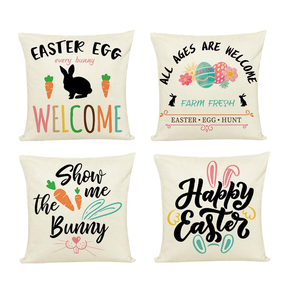 Docuwee Easter Throw Pillow Covers 18x18 Set of 4 - Bunny & Easter Egg Rabbit Farmhouse Decor for Sofa, Couch, Bed | Perfect for Spring Living Room, Bedroom & Home Decor | Paschal Blessing Gift Idea
