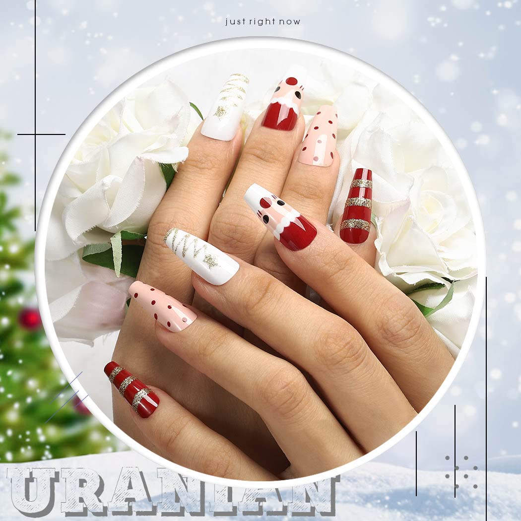 Uranian Christmas Press on Nails - 24pcs Long Red Coffin Fake Nails with Snowflake, Stripes & Santa Claus Elk Glitter Designs | Glossy Full Cover French Tip Acrylic Nails for Women & Girls | Perfect for Holiday Parties, Gift Giving & Festive Nail Art