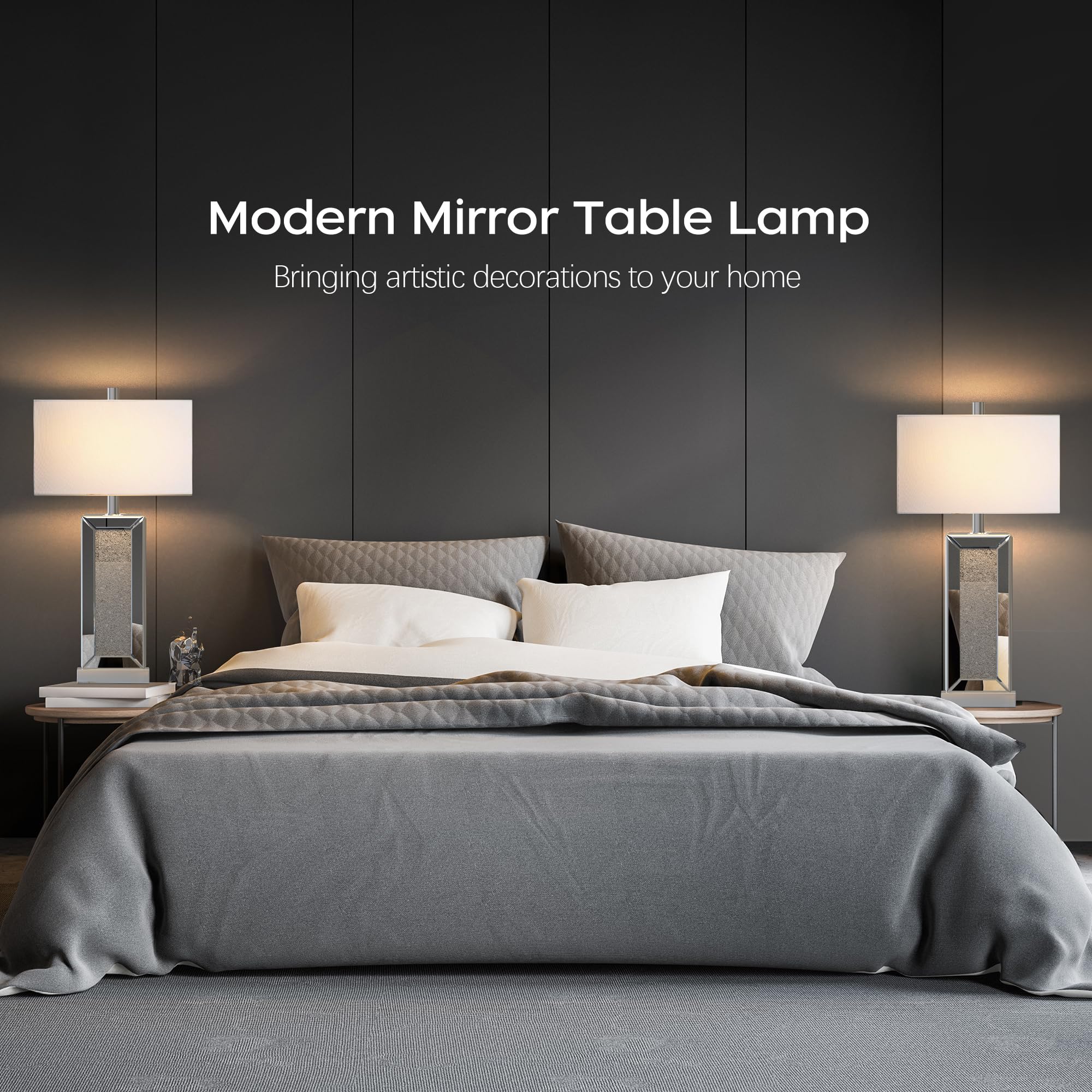 Modern Touch Control Table Lamp Set of 2 - Silver Mirror Diamond Crystal USB C/A Bedside Lamps, 3-Way Dimmable with White Fabric Shade for Living Room, Bedroom, Office & Nightstand Decor | Perfect for Reading, Relaxing & Ambient Lighting