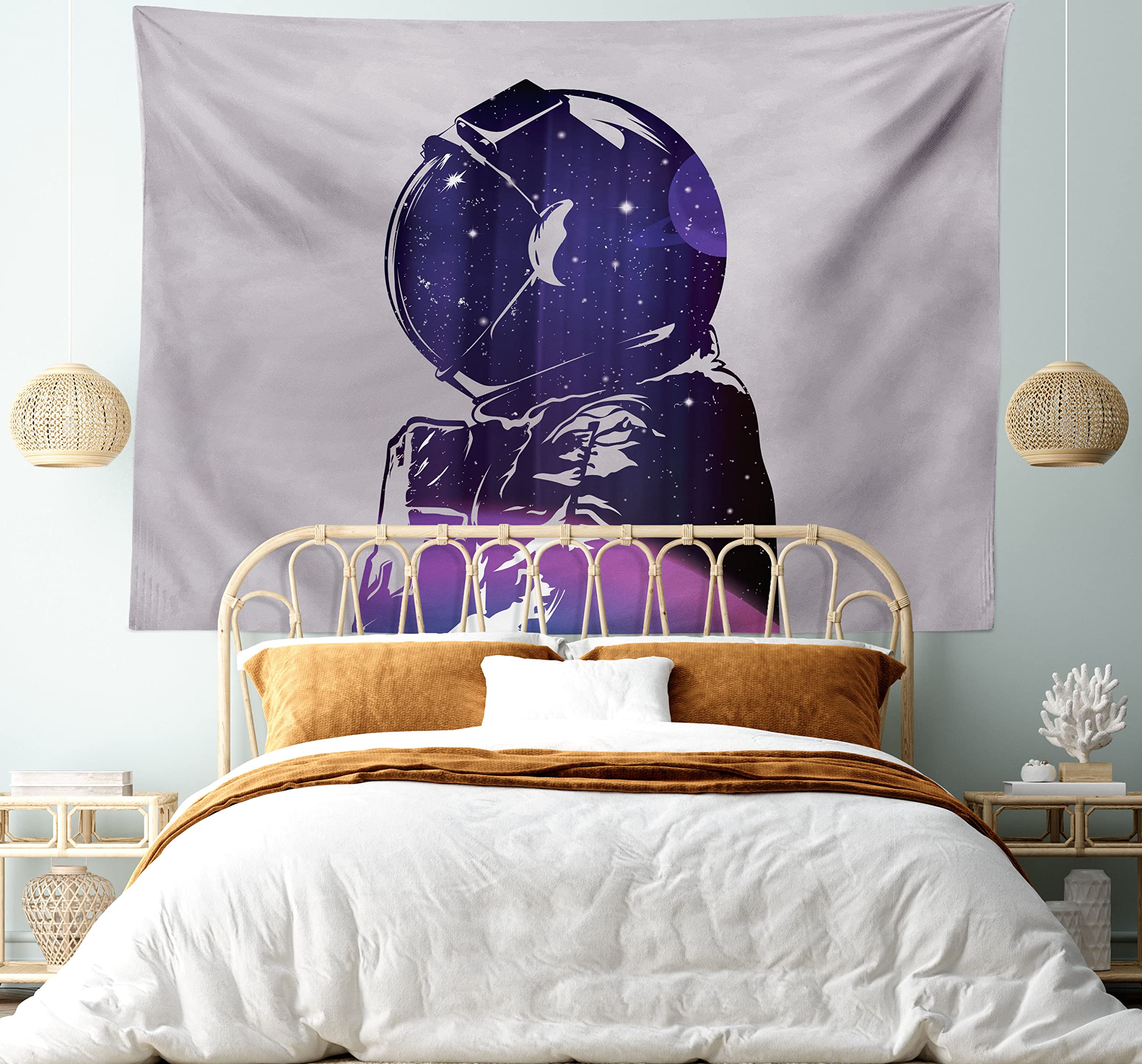 Ambesonne Outer Space Tapestry - Astronaut & Star Clusters Celestial Design, Purple Pink Cosmic Wall Art for Bedroom, Living Room, Dorm Decor (28x23 Inches) | Perfect for Space-Themed Rooms, Teen Bedrooms & Astronomy Lovers