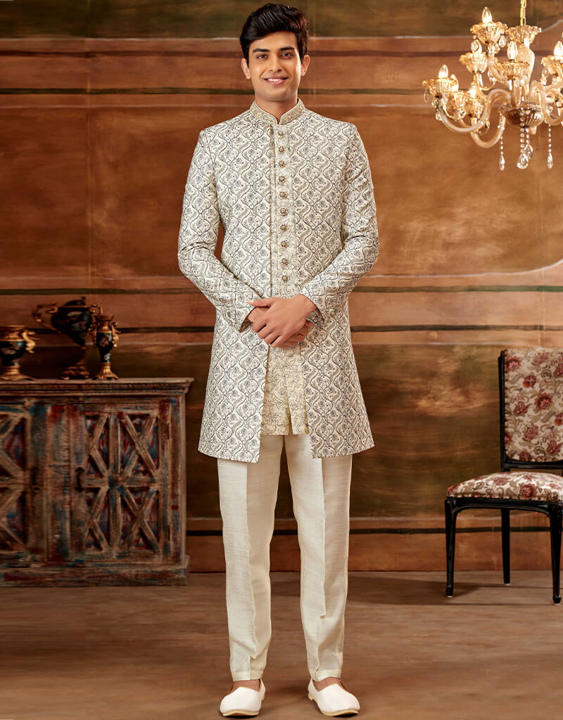 Elegant Cream & Blue Embroidered Banarasi Silk Kurta with Aligadhi Pant - Perfect for Indian Weddings & Festive Occasions
