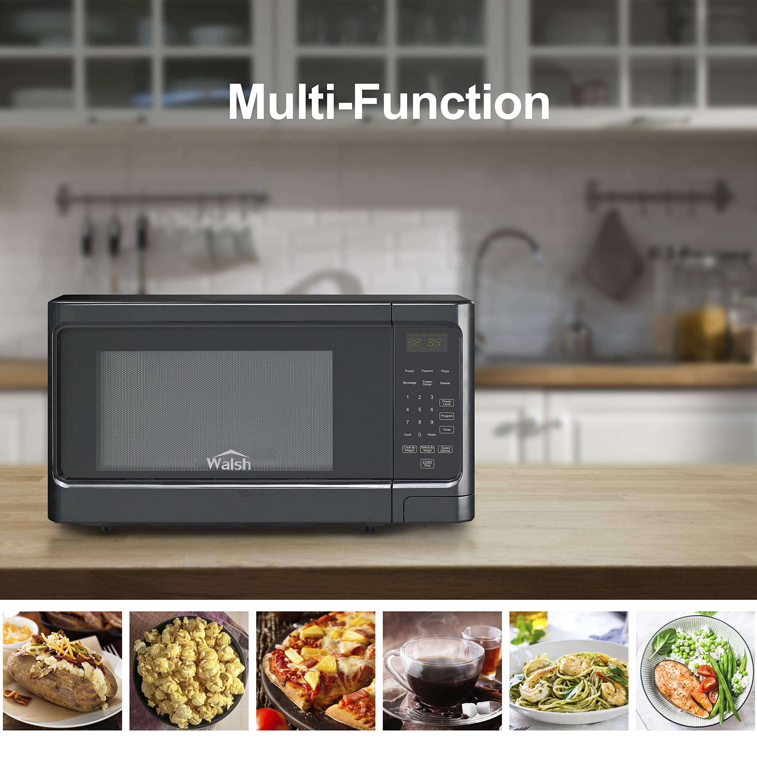Walsh WSCMS311BK-10 1.1 Cu.Ft 1000W Black Countertop Microwave Oven with 6 Cooking Programs & LED Lighting - Perfect for Small Kitchens, Dorms, and Office Break Rooms