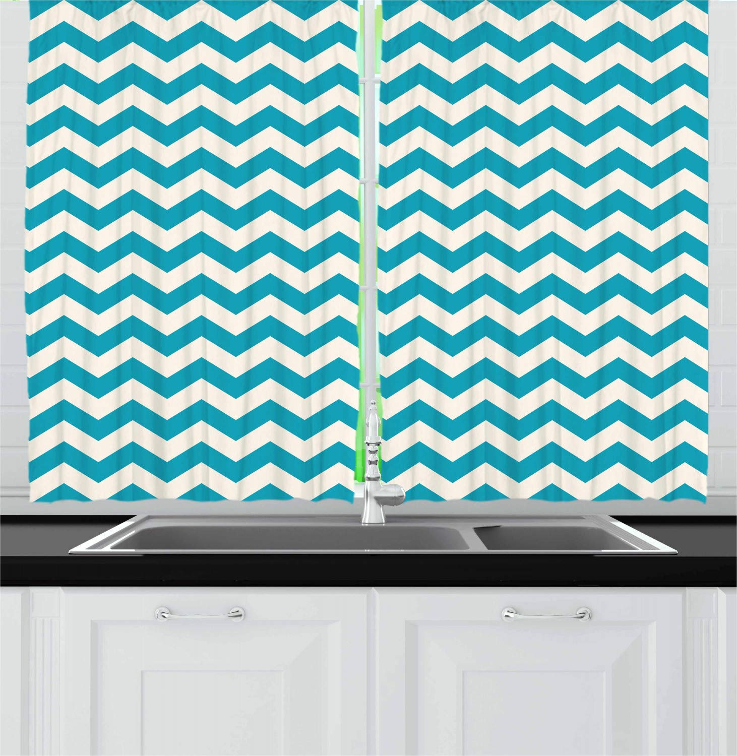 Ambesonne Seafoam Kitchen Curtains - Abstract Geometric Stripes Chevron Window Drapes, Vintage Inspired 2 Panel Set for Kitchen & Cafe Decor, 55