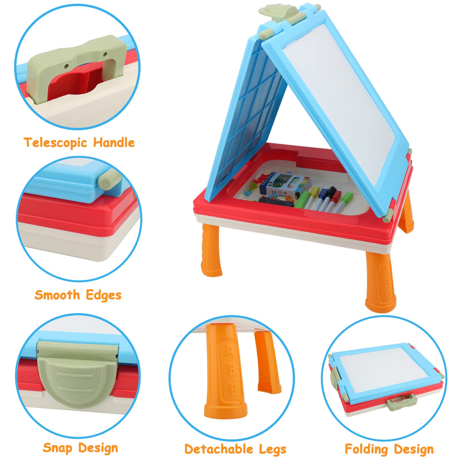 Double Sided Foldable Kids Table Art Easel - Adjustable Chalkboard & Whiteboard Desktop Drawing Stand with Storage Tray | Perfect for Home, Classroom & Travel Art Activities (Red)