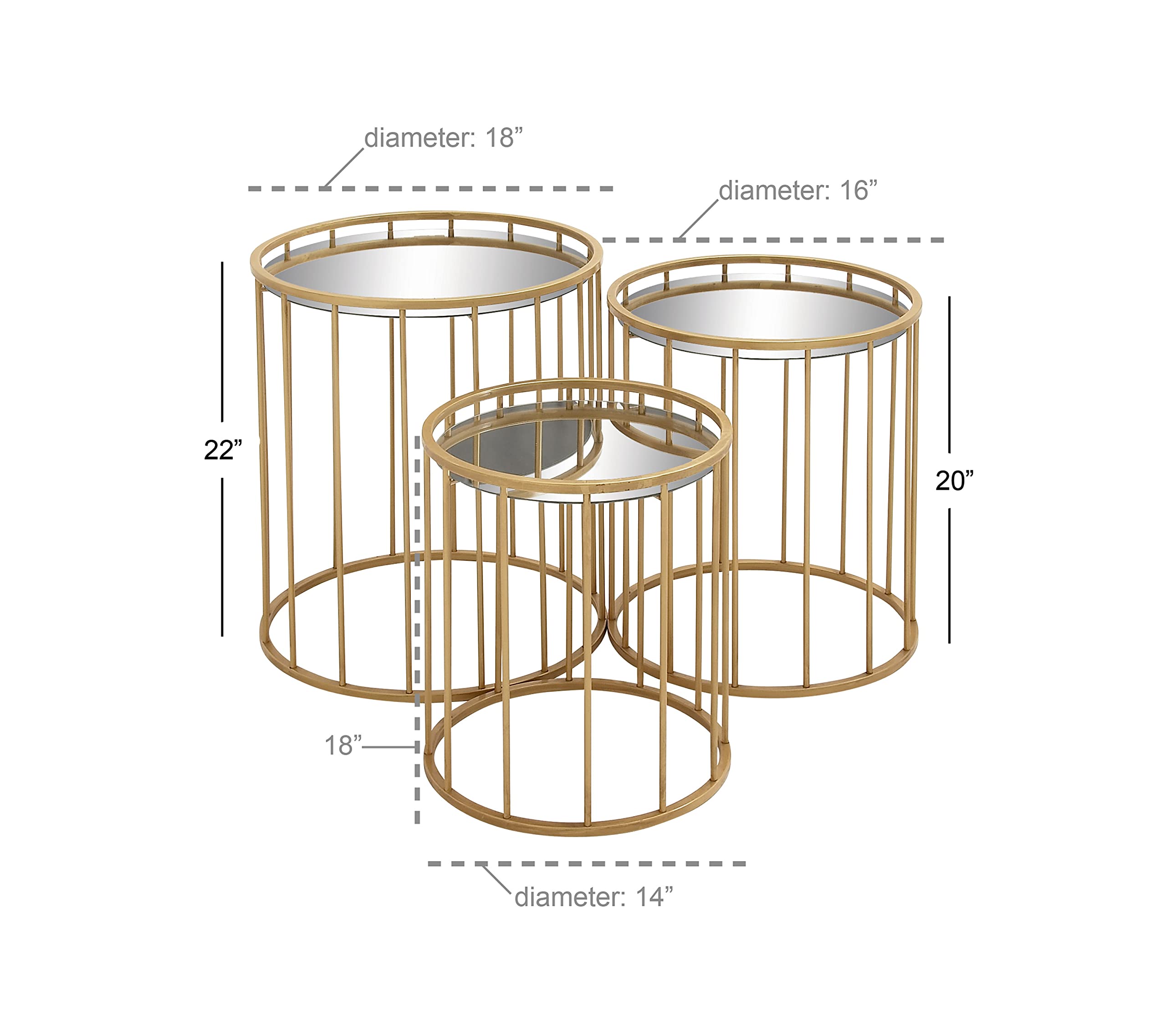 Deco 79 Modern Gold Metal Side End Accent Tables with Mirrored Glass Top - Set of 3 (22