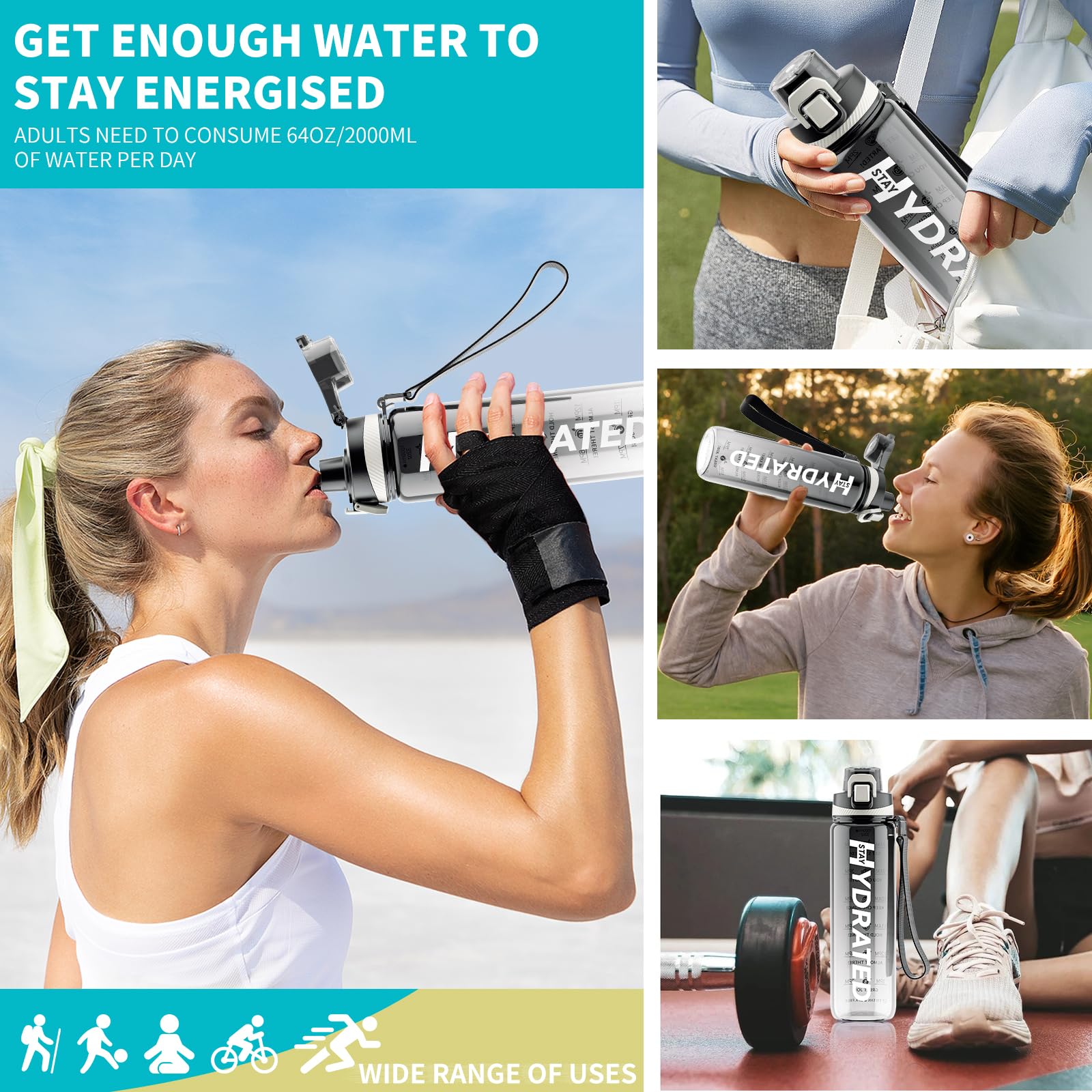 32 oz Motivational Water Bottle with Time Marker - BPA Free Tritan Sports Water Bottle, Leakproof Wide Mouth with Drink Reminder & Strap - Perfect for Gym, Fitness, Hiking & Outdoor Activities - Great Christmas Gift