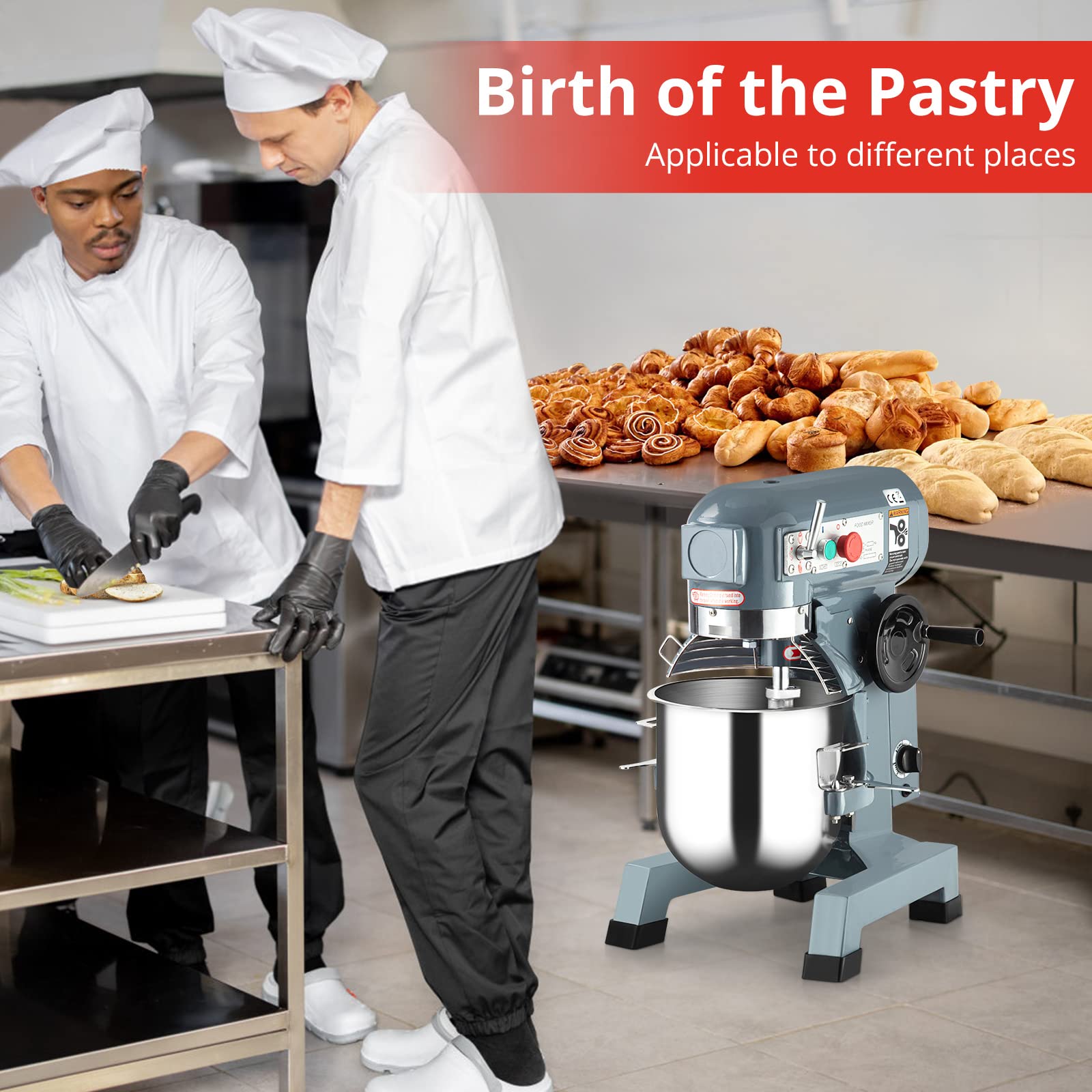 Commercial Food Mixer 10Qt 450W - 3-Speed Heavy Duty Stand Mixer with Stainless Steel Bowl, Dough Hook & Whisk - Professional Kitchen Equipment for Bakeries, Restaurants, Pizzerias - Ideal for Kneading Dough, Mixing Batters & Whipping Creams