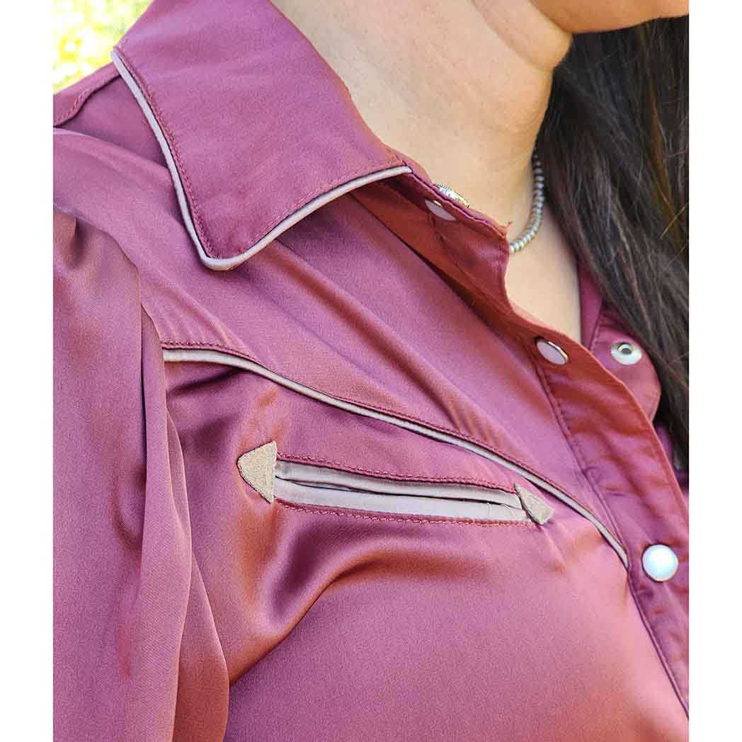 Stylish Berry Satin Puff Sleeve Western Blouse for Women | Trendy Cowgirl Shirt | Perfect for Country Concerts, Rodeos & Western-Themed Parties