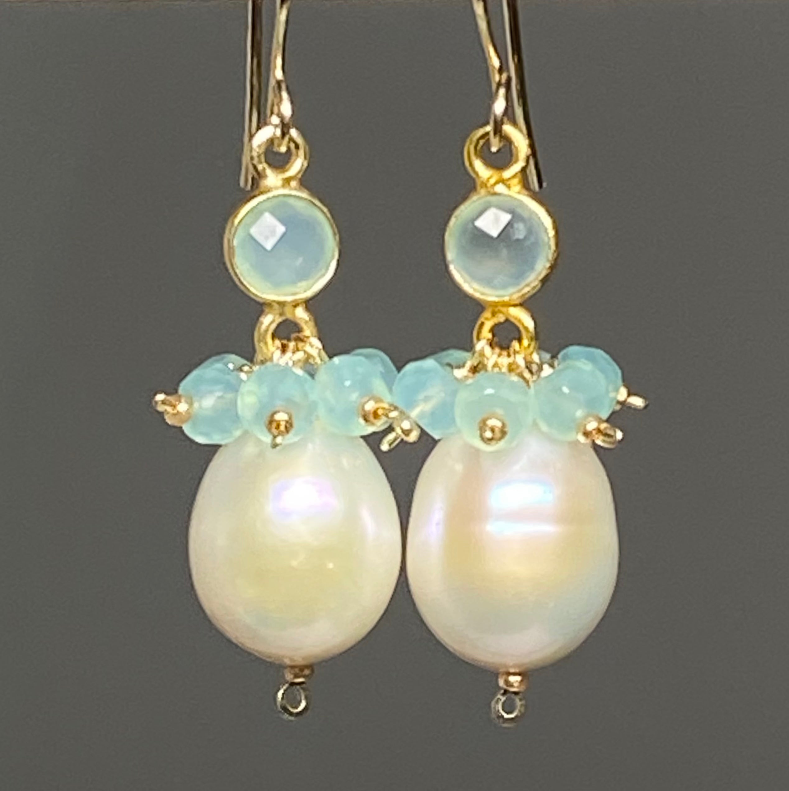 Elegant Pearl & Gemstone Cluster Dangle Earrings with Aqua Accents - Perfect for Weddings, Parties & Special Occasions