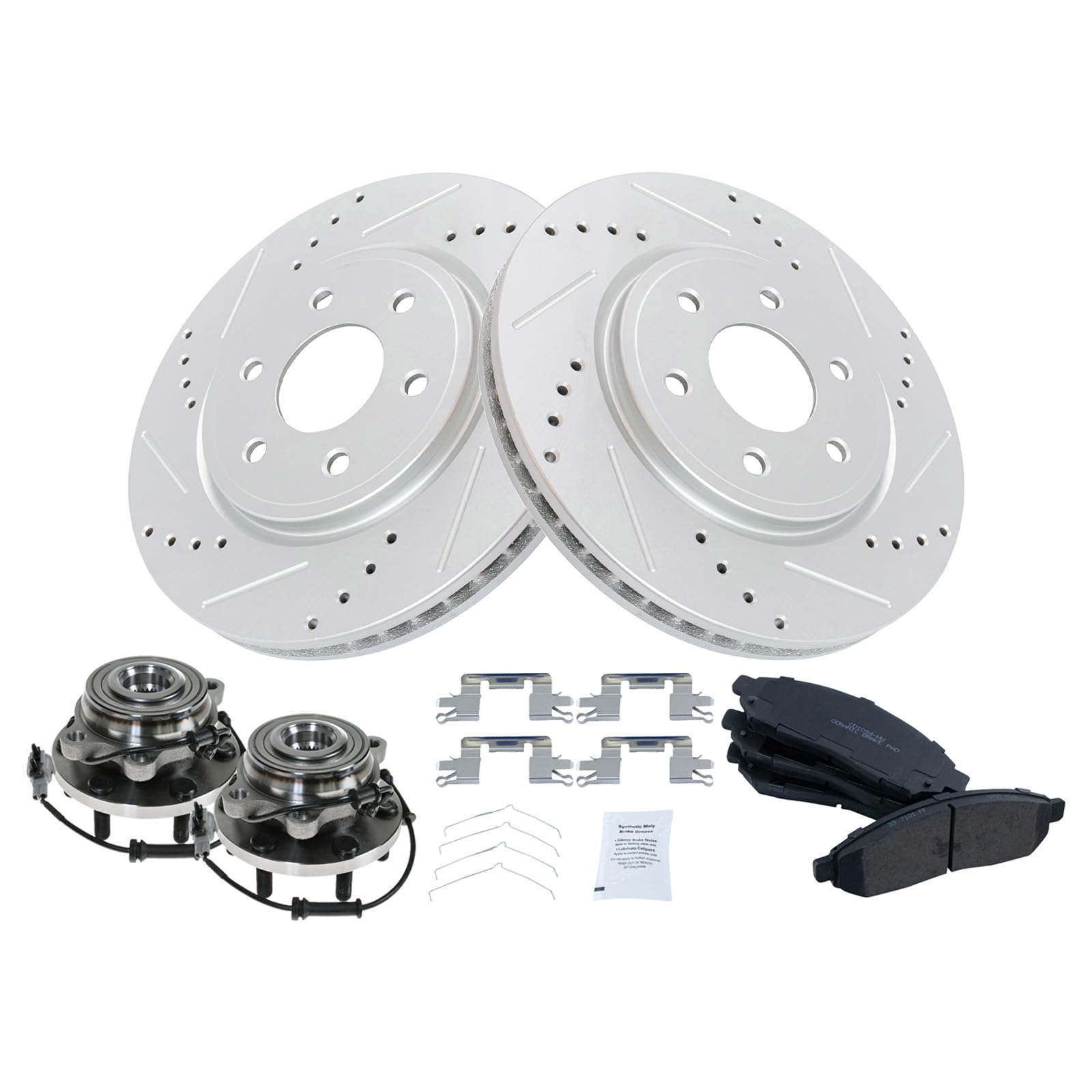 TRQ Front Posi Ceramic Brake Pads & Performance Rotors with Wheel Hub Bearing Kit - High-Performance Braking for Trucks, SUVs, and Off-Road Vehicles