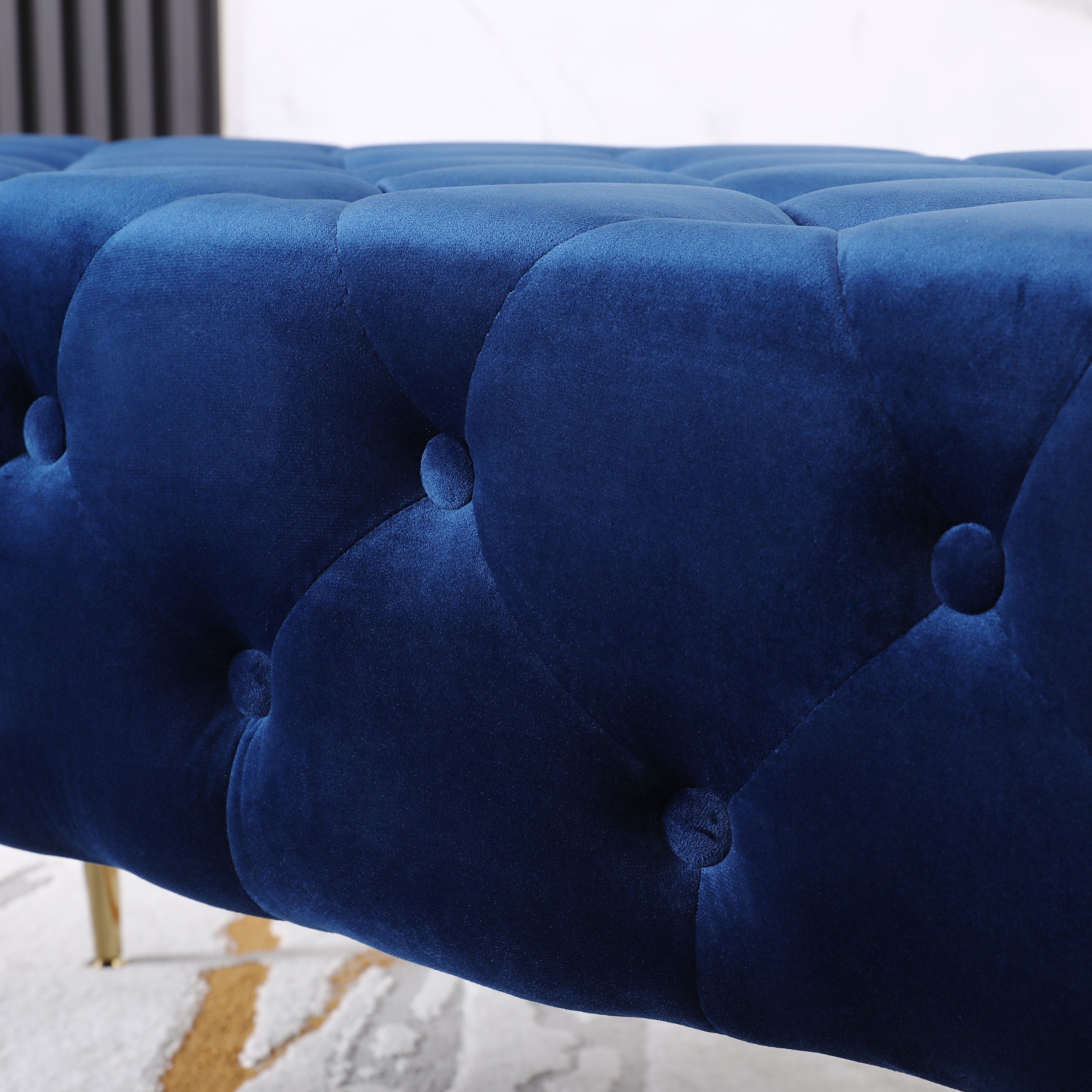 Roundhill Furniture Sira Velvet Button Tufted Bench with Gold Metal Legs - Luxurious Blue Upholstered Seat for Bedroom, Living Room & Entryway Decor