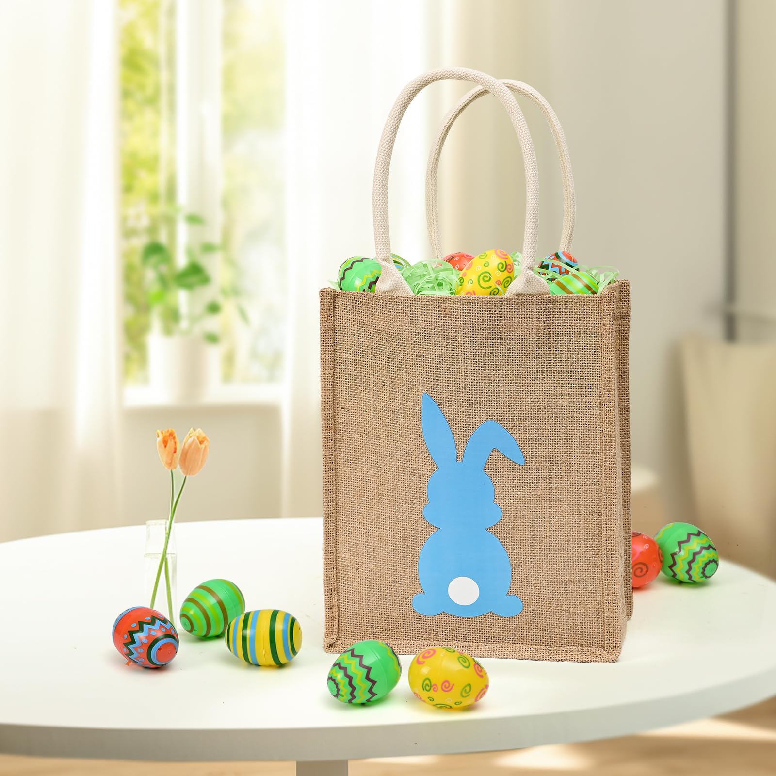 ATFUNSHOP Easter Tote Bag for Kids - Reusable Blue Bunny Basket for Egg Hunt, Easter Party & Spring Celebration - Durable Linen Easter Gift for Boys & Girls