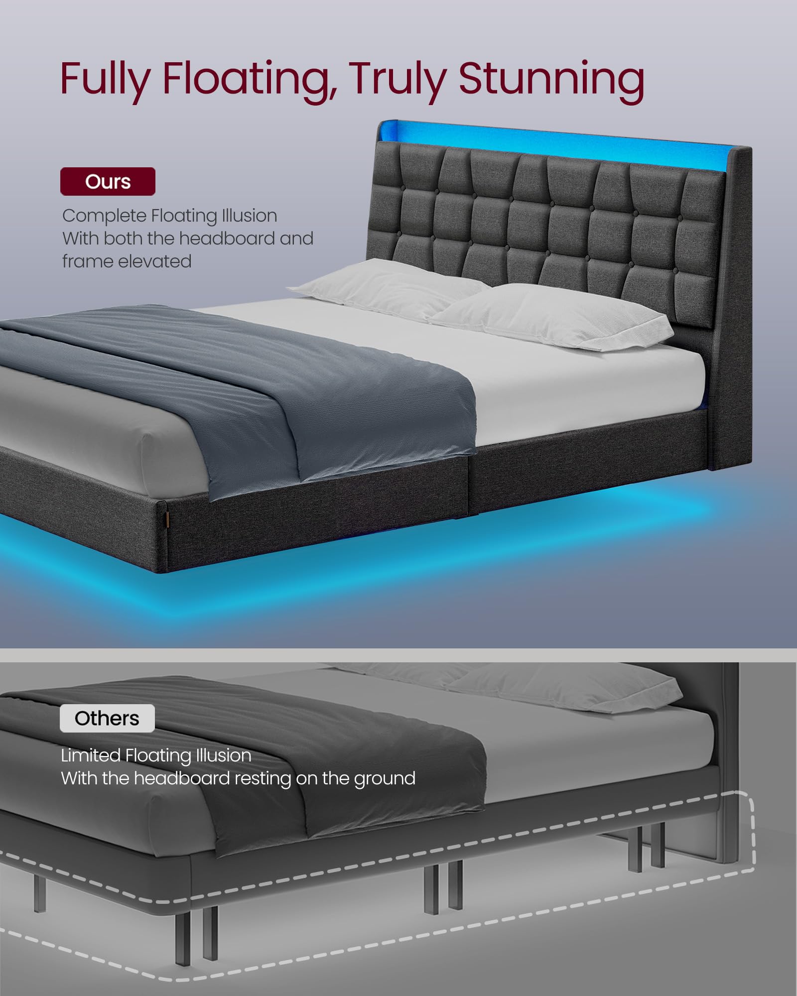 VASAGLE Full Size Floating Bed Frame with LED Lights, USB Charging Station, Tufted Storage Headboard - Upholstered Platform Bed Frame No Box Spring Needed, Dark Gray - Modern Bedroom Furniture for Small Spaces & LED Lighting Ambience