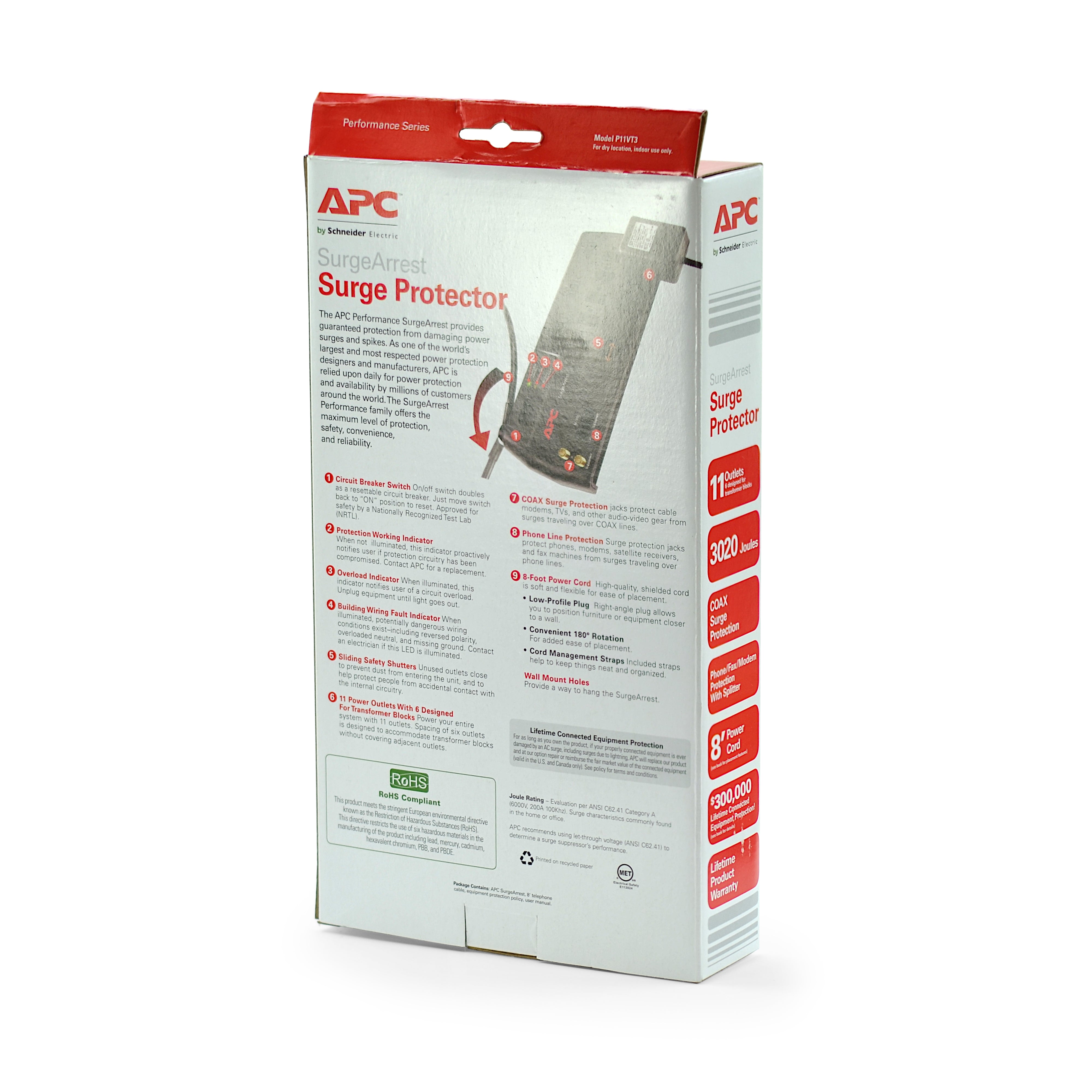 APC P11VT3 Surge Protector - 11 Outlets, 3020 Joules, with Telephone/DSL/Coaxial Protection - Ideal for Home Office, Entertainment Centers & Electronics Safety