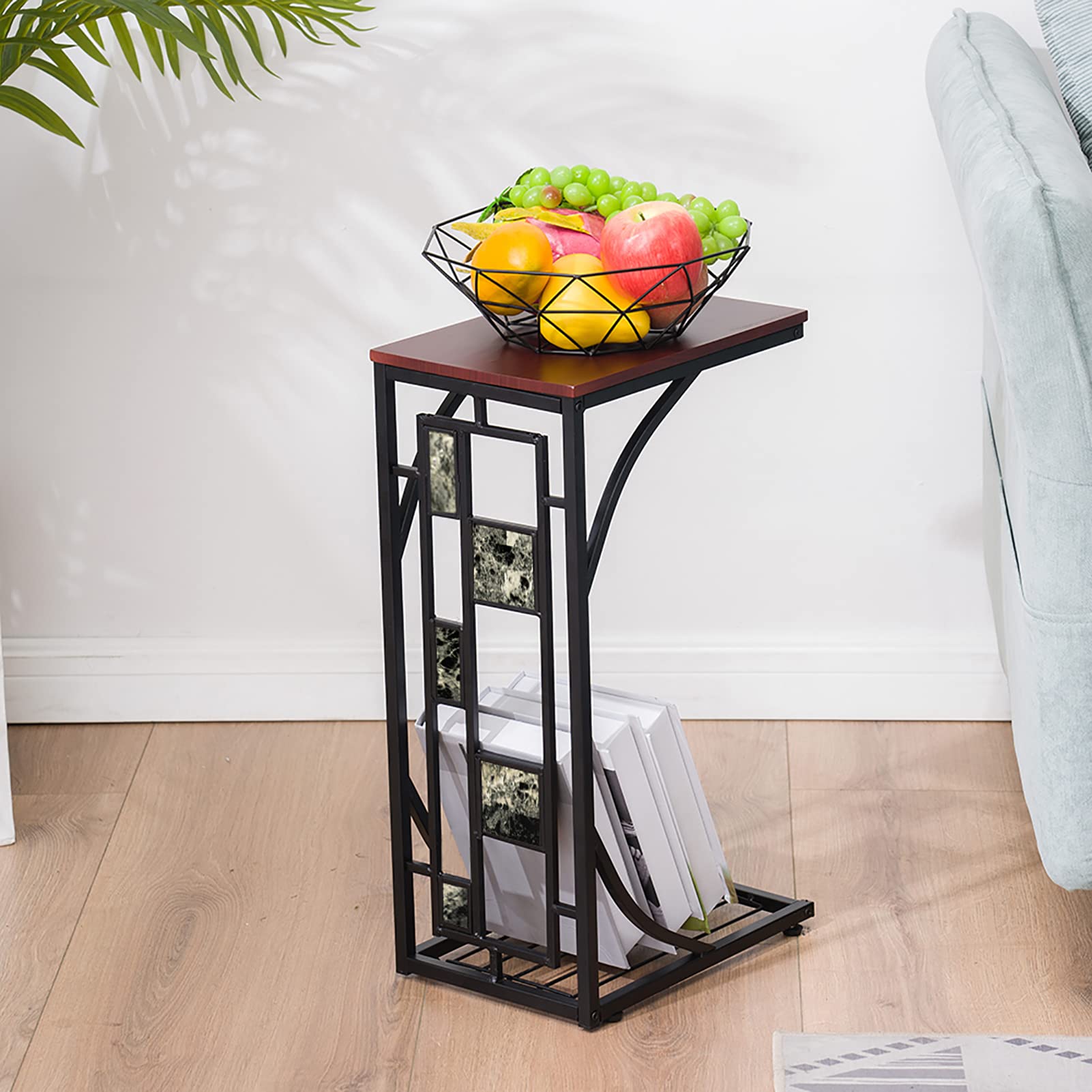 Industrial C-Shaped End Table with Metal Frame - Small Coffee Tray Snack Table, Sofa Side Table for Living Room, Bedroom & Small Spaces - Perfect for Holding Drinks, Books & Decor in Compact Areas