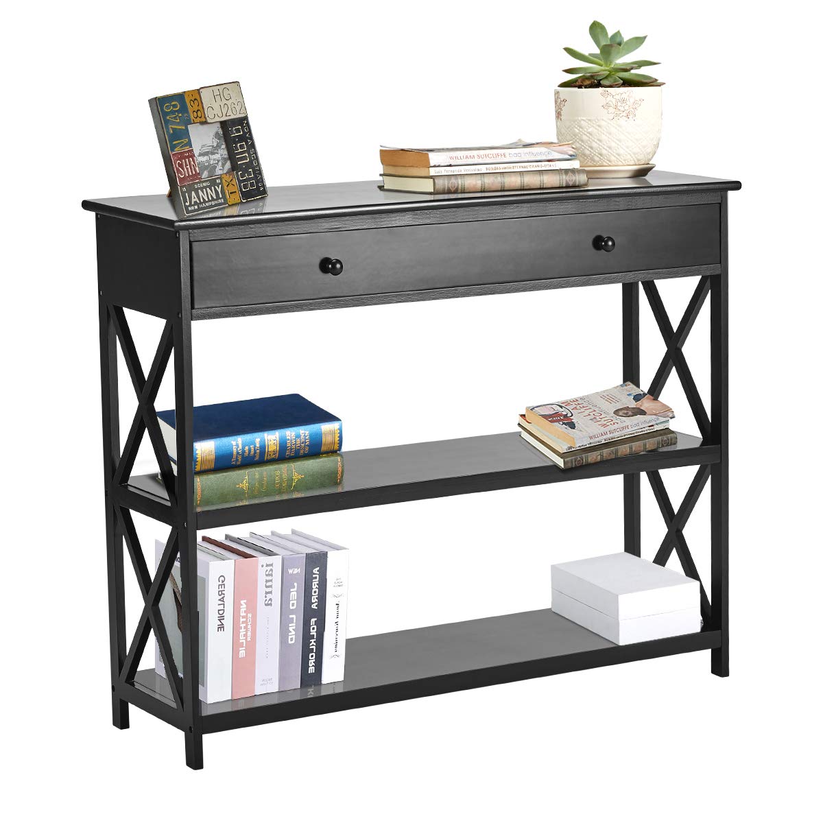 MELLCOM 3-Tier Console Table with Drawer - Classic X Design Sofa Table, Narrow Entryway Hall Table for Living Room, Bedroom, Office - Easy Assembly in Black