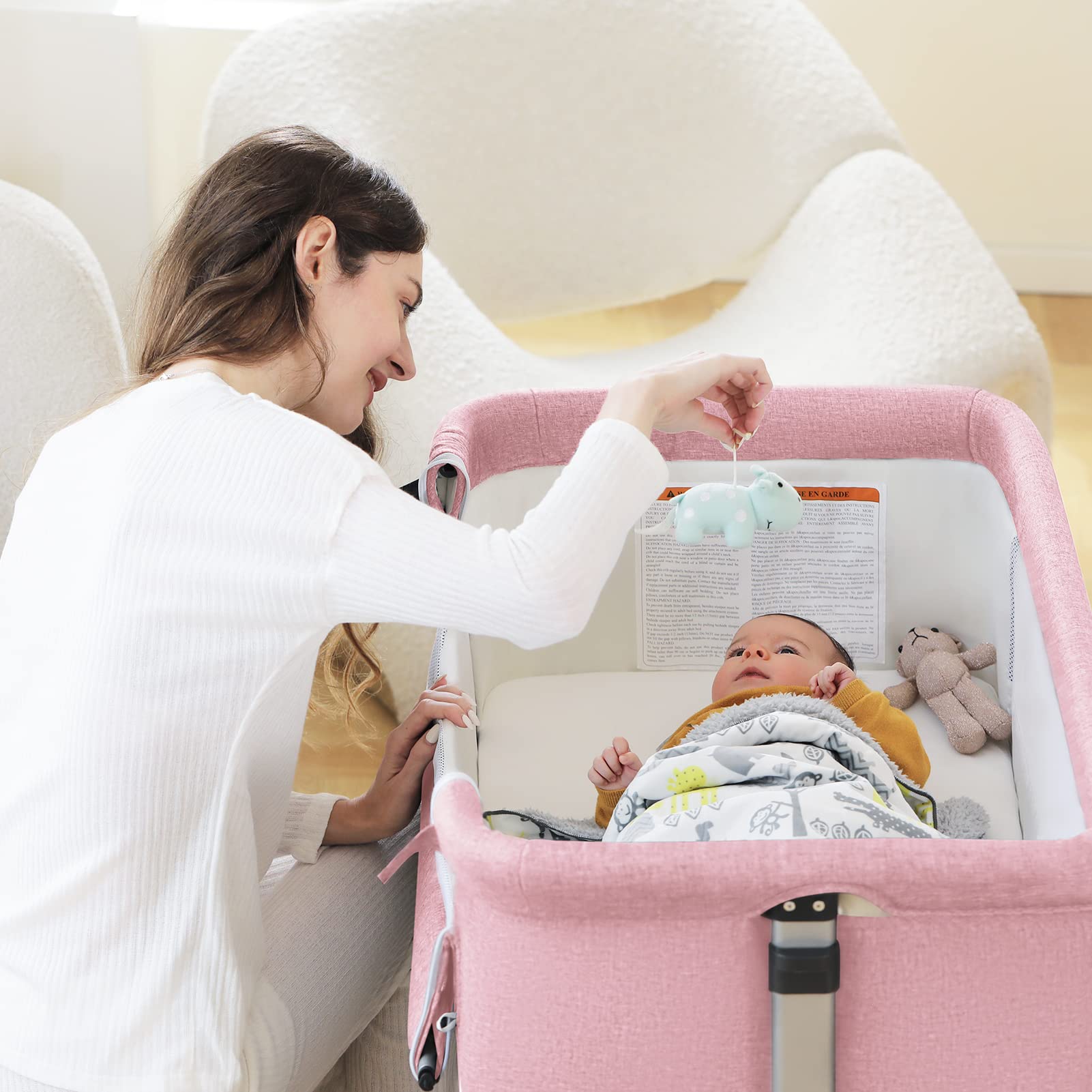 Ihoming Baby Bassinet Bedside Sleeper - Adjustable Folding Crib with Storage Basket for Newborns & Infants | Portable Nursery Bed for Bedroom, Travel & Home Use (Pink)