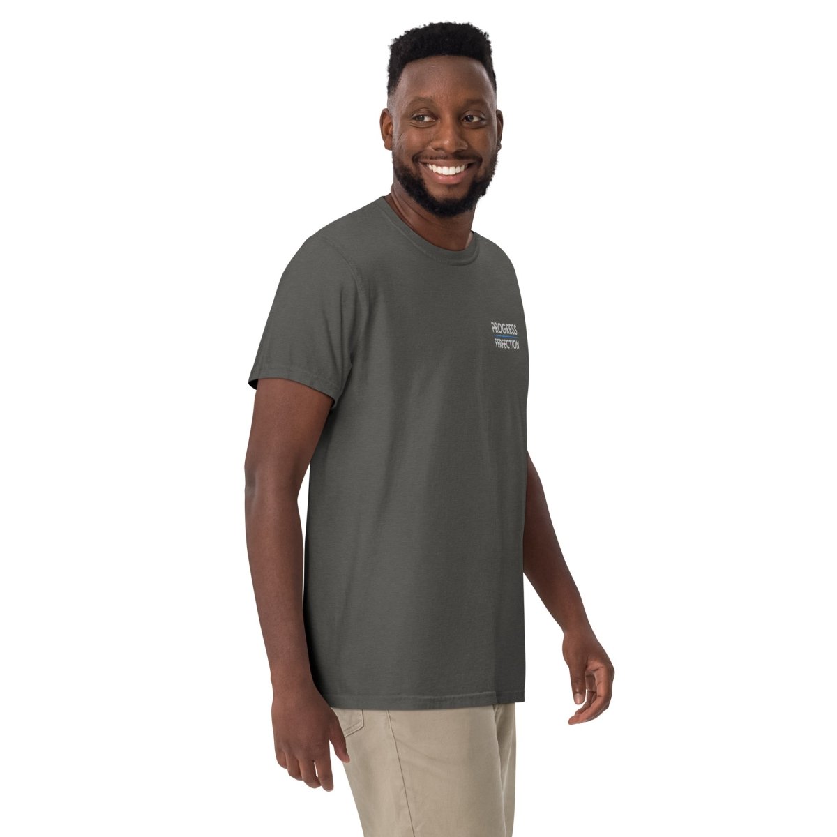 Progress Over Perfection Embroidered Unisex Heavyweight T-Shirt | Distressed Garment-Dyed Cotton Tee | Streetwear & Casual Everyday Wear