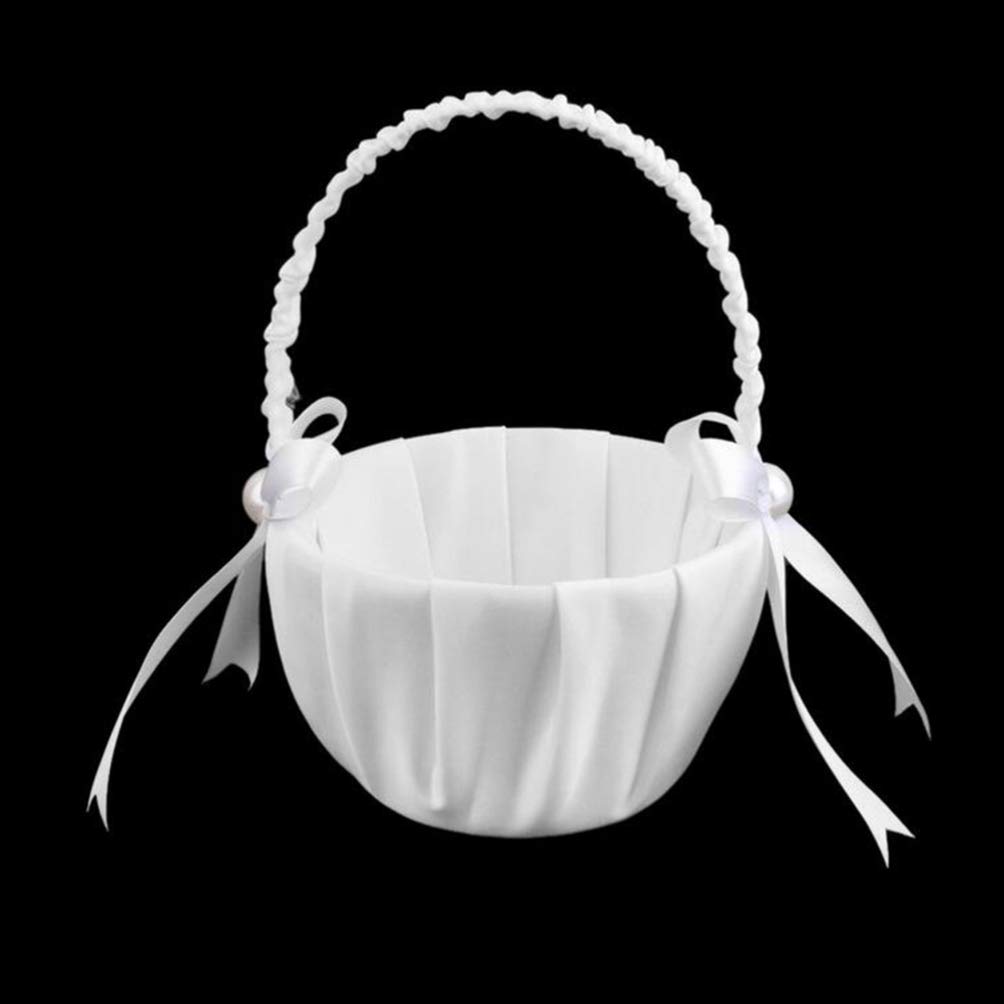 Homoyoyo 2-Piece White Satin Wedding Flower Girl Baskets with Handles - Elegant Cute Floral Baskets for Wedding Ceremony, Bridal Shower, Party Decorations & Flower Petal Scattering