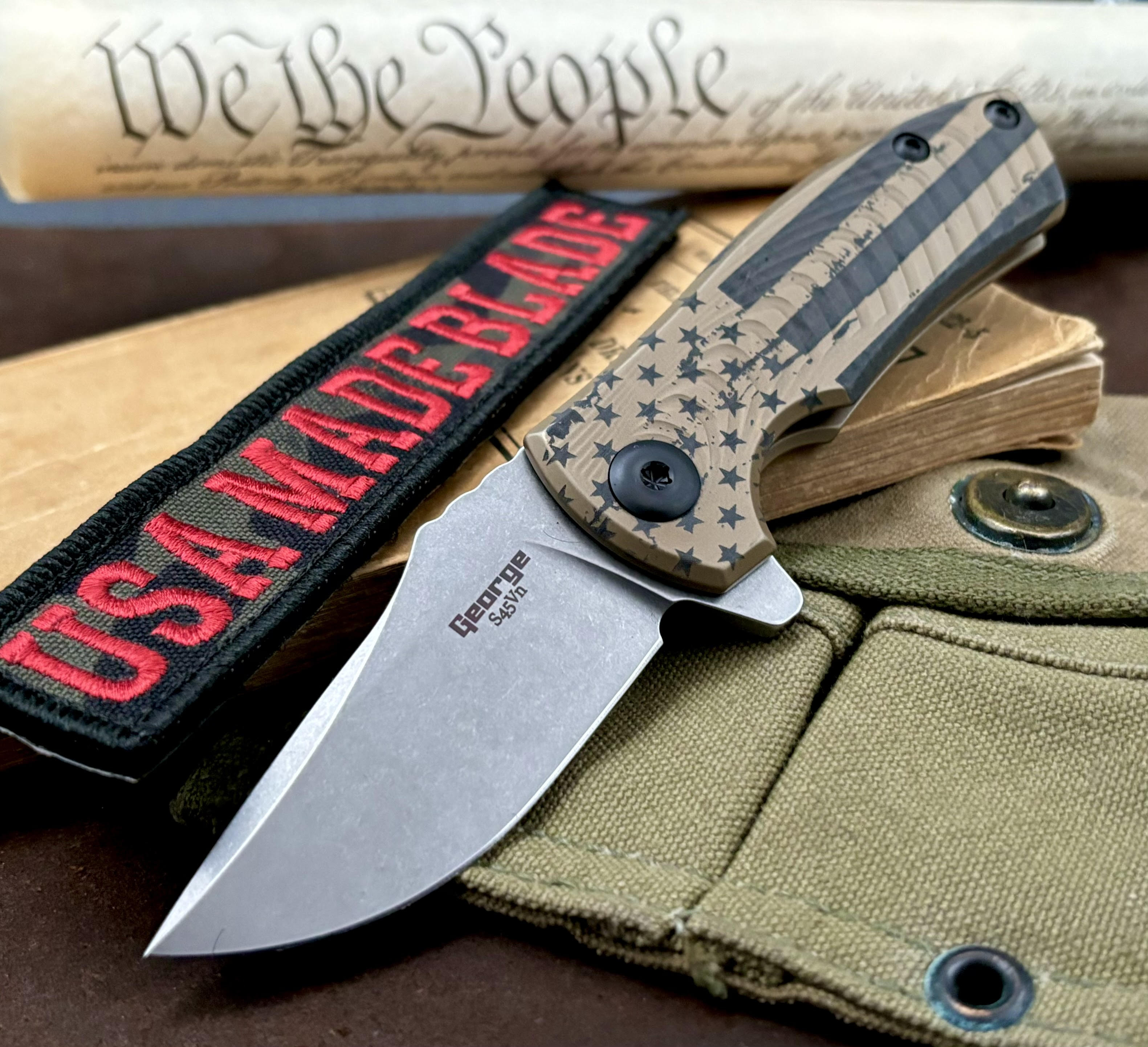 Battle Stars & Stripes Les George ESV Flipper Knife - FDE DLC Morph Titanium Handle, S45VN Steel Blade, Black DLC Hardware - EDC Pocket Knife for Outdoor, Camping & Tactical Use