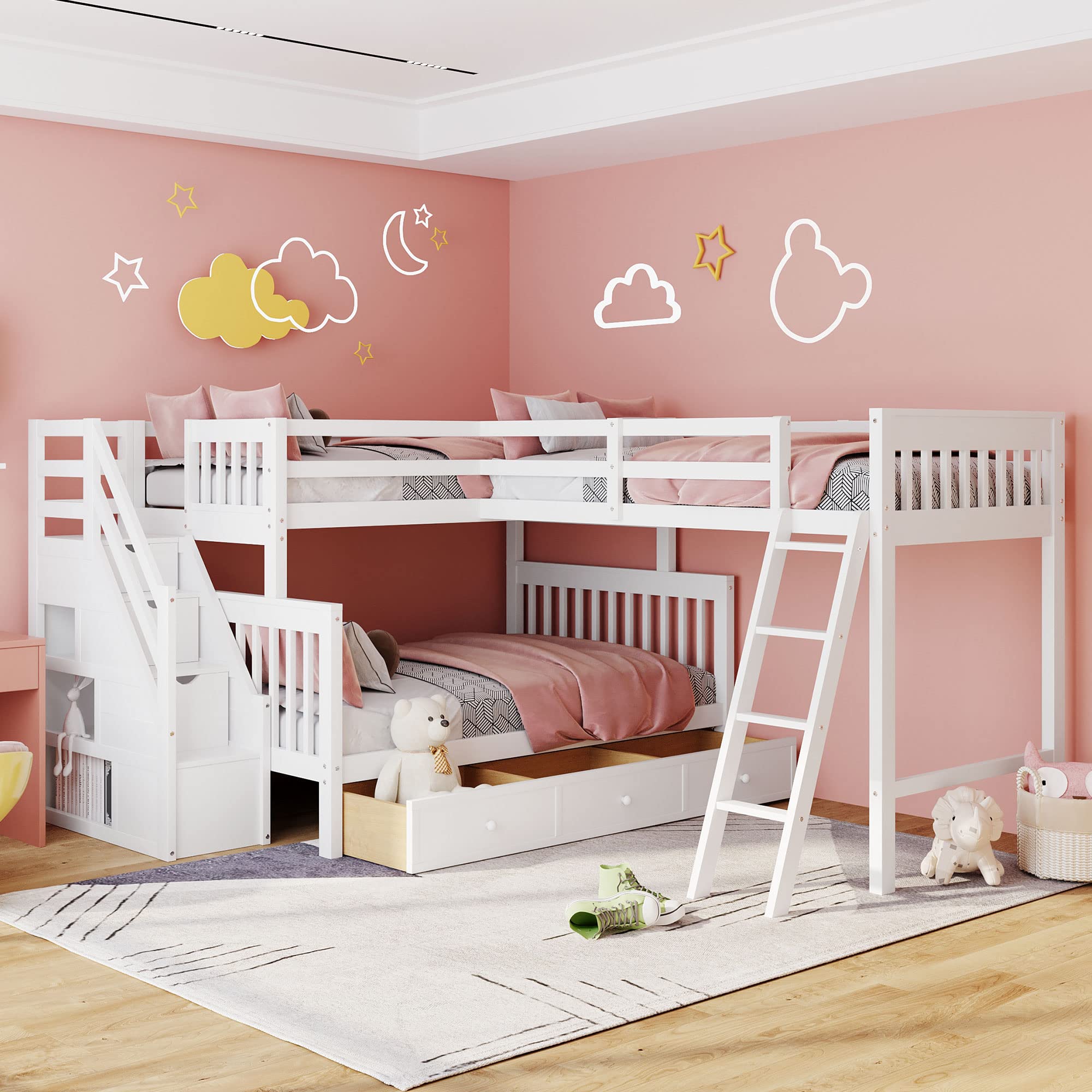 L Shaped Triple Bunk Bed with Stairs - Twin Over Full Bunk Bed with Loft & 3 Storage Drawers - Solid Wood Bunk Bed Frame for Kids, Teens, Boys & Girls (White) - Perfect for Small Rooms, Shared Kids Bedrooms & Vacation Homes