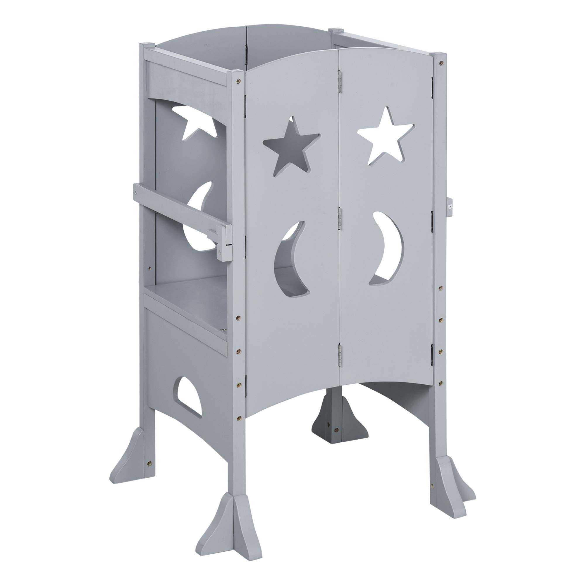 Qaba Foldable Wooden Step Stool for Kids - Safe Kitchen Helper Stool with Support Handles & Non-Slip Base - Perfect for Toddlers in Kitchen, Bathroom & Counter Access (Grey)