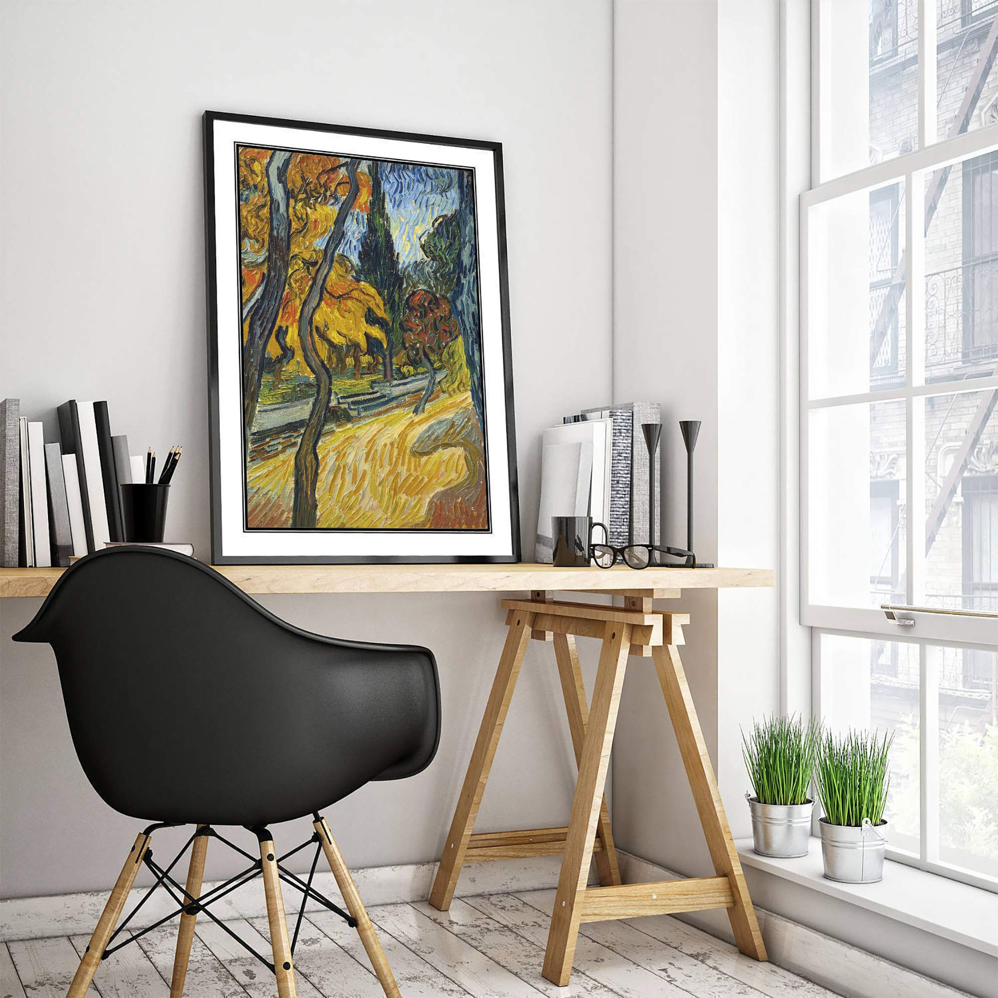 Vincent Van Gogh Trees in The Garden of Saint Paul Hospital (1889) Textured Paper Art Print Poster - 24x16 Inches - Dutch Post-Impressionist Painting Reproduction - Perfect for Home Decor, Office Wall Art & Gift for Art Lovers
