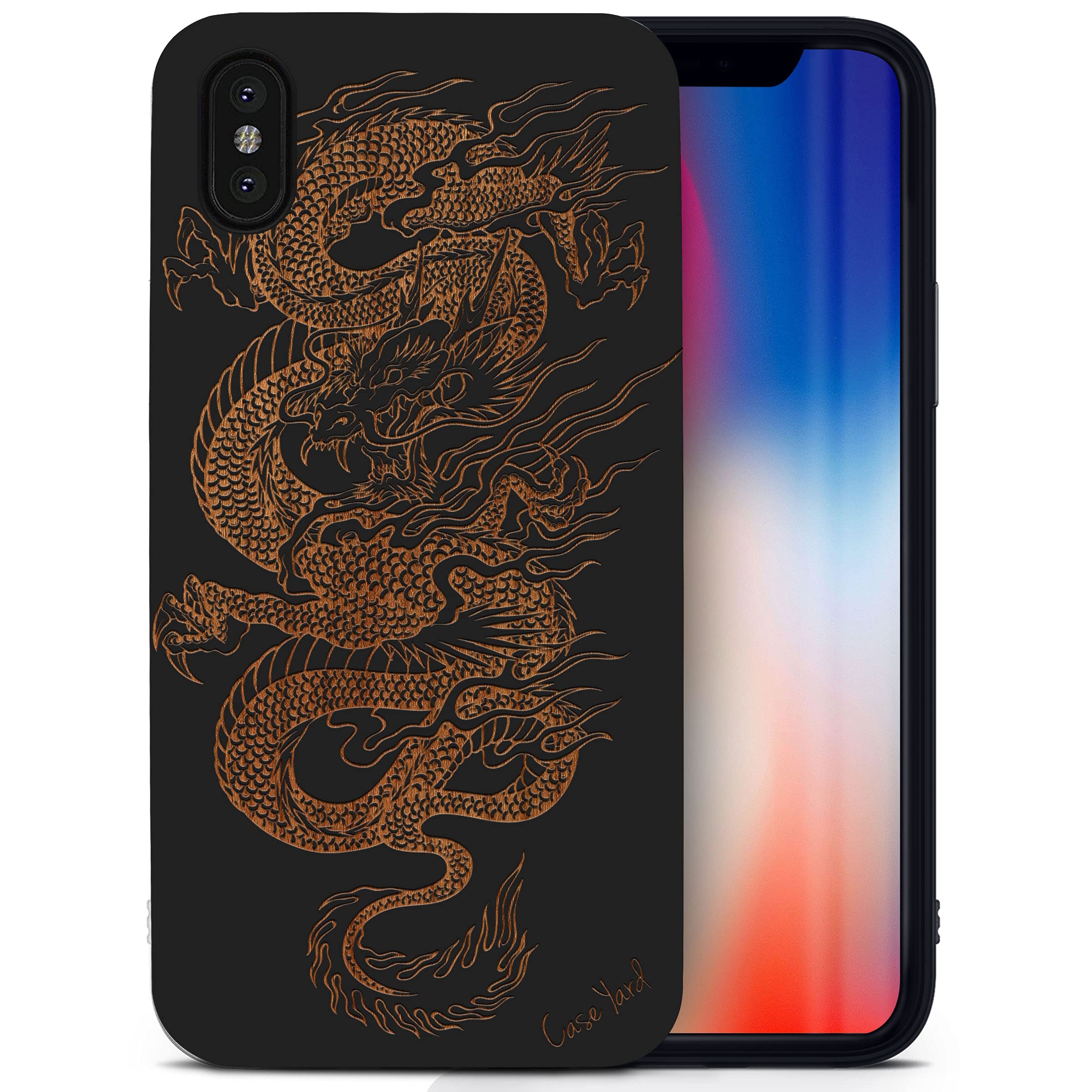 Wooden iPhone Xs Max Case - Laser Engraved Dragon Design Black Wood Cover | Slim Fit Shockproof Protective Phone Case for Men & Women | Perfect for Outdoor Adventures & Daily Use