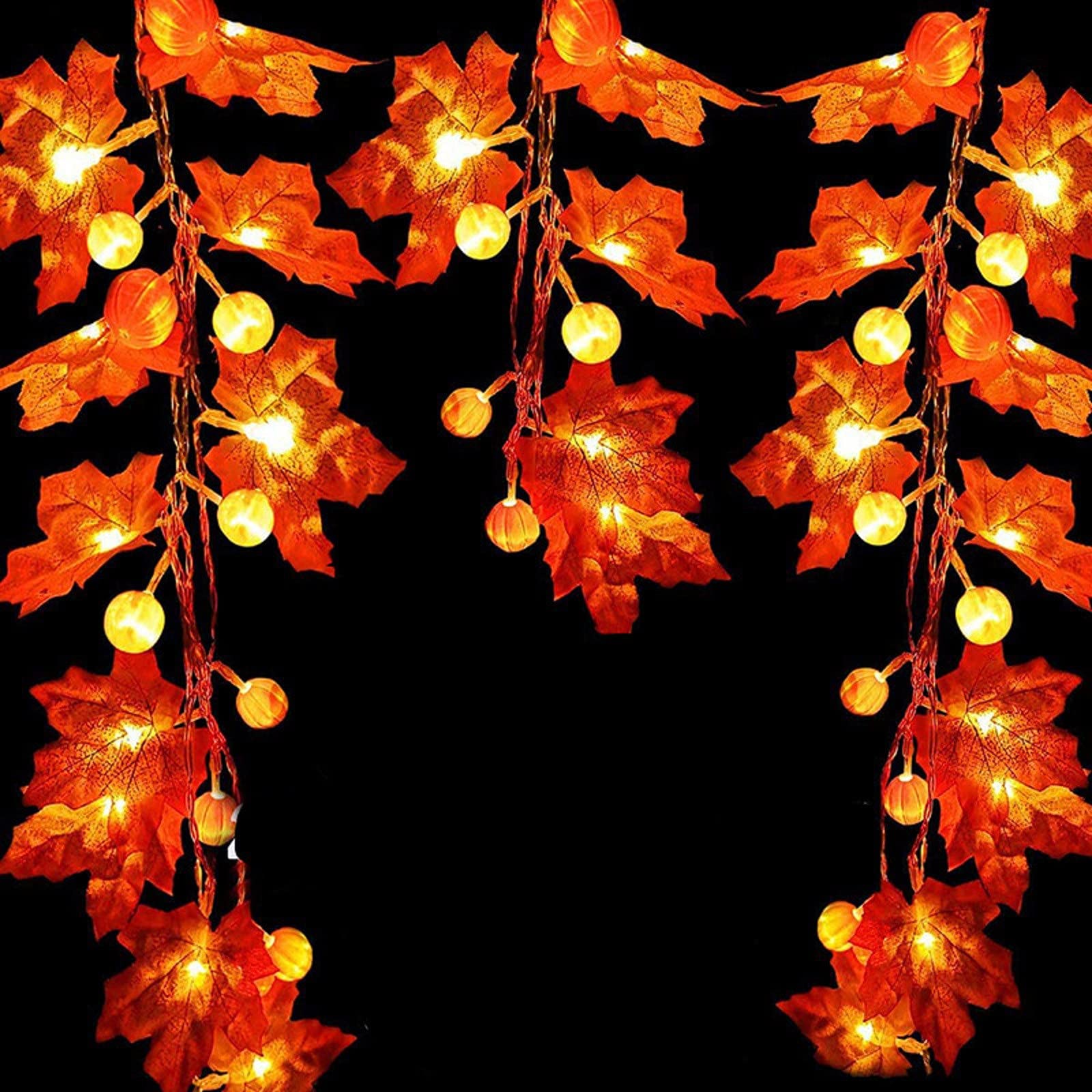 Waterproof 10 LED Maple Leaf Pumpkin Lantern String Lights - Halloween Fall Decorations with Maple Leaves Garland for Outdoor Hanging, Indoor Garden, Party Room - Perfect for Holiday, Thanksgiving & Autumn Festivities (2 Pack)