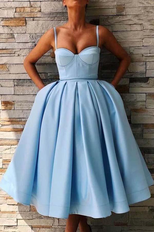 Elegant A-Line Satin Tea Length Prom Dress with Detachable Straps & Pockets - HD0110 | Perfect for Homecoming, Formal Dances & Special Occasions