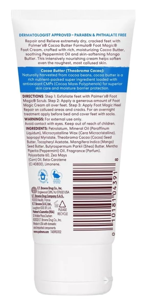 Palmers Cocoa Butter Foot Magic Moisturizer Cream 2.1oz (6 Pack) - Deep Hydration for Dry Cracked Heels & Calluses - Perfect for Pedicures, Overnight Foot Treatment & Daily Foot Care