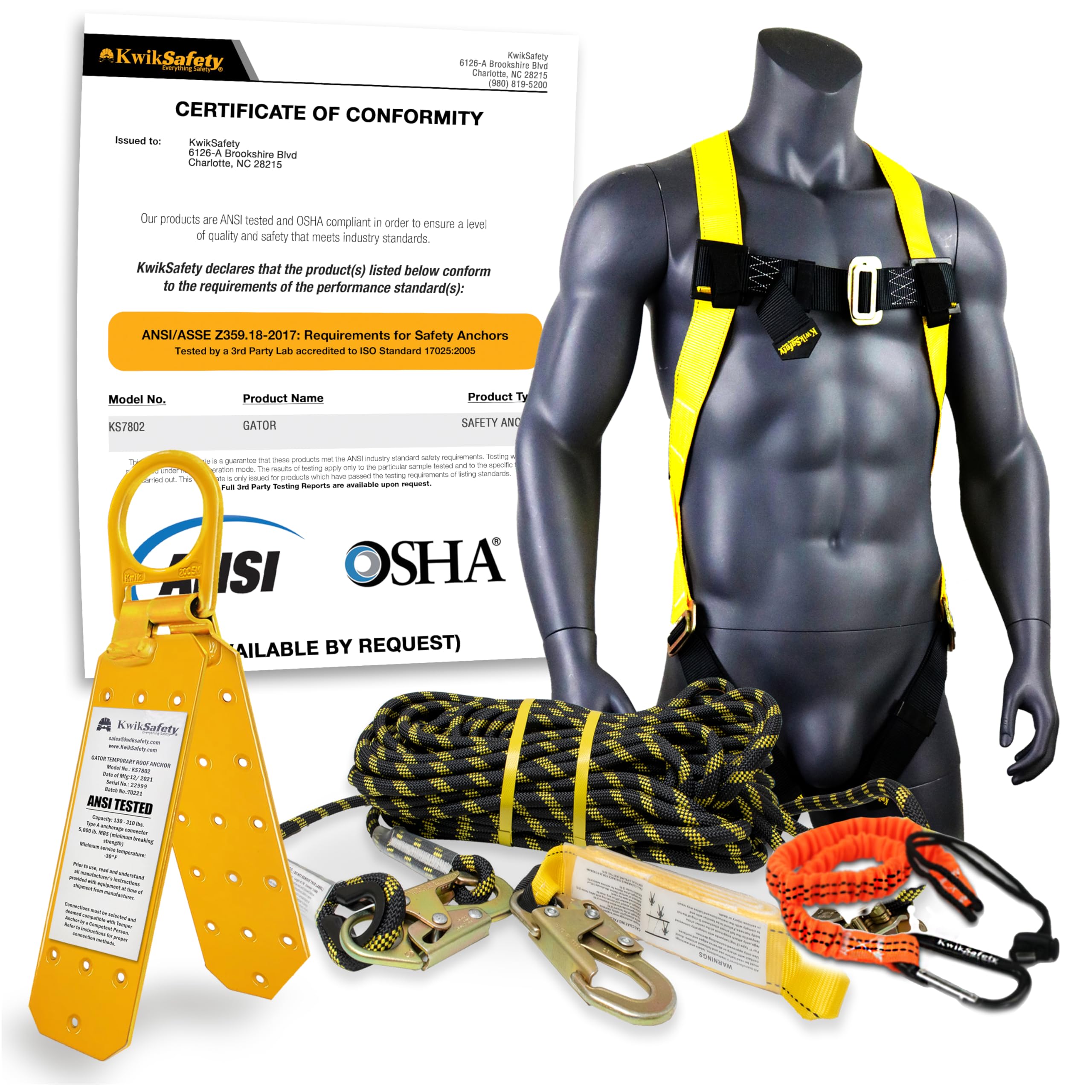 KwikSafety GATOR Kit - ANSI/OSHA Certified Fall Arrest Equipment with Reusable Roof Anchor, 50' Vertical Lifeline Rope, Full Body Safety Harness & Tool Lanyard | Roofing, Construction & Industrial Safety Gear