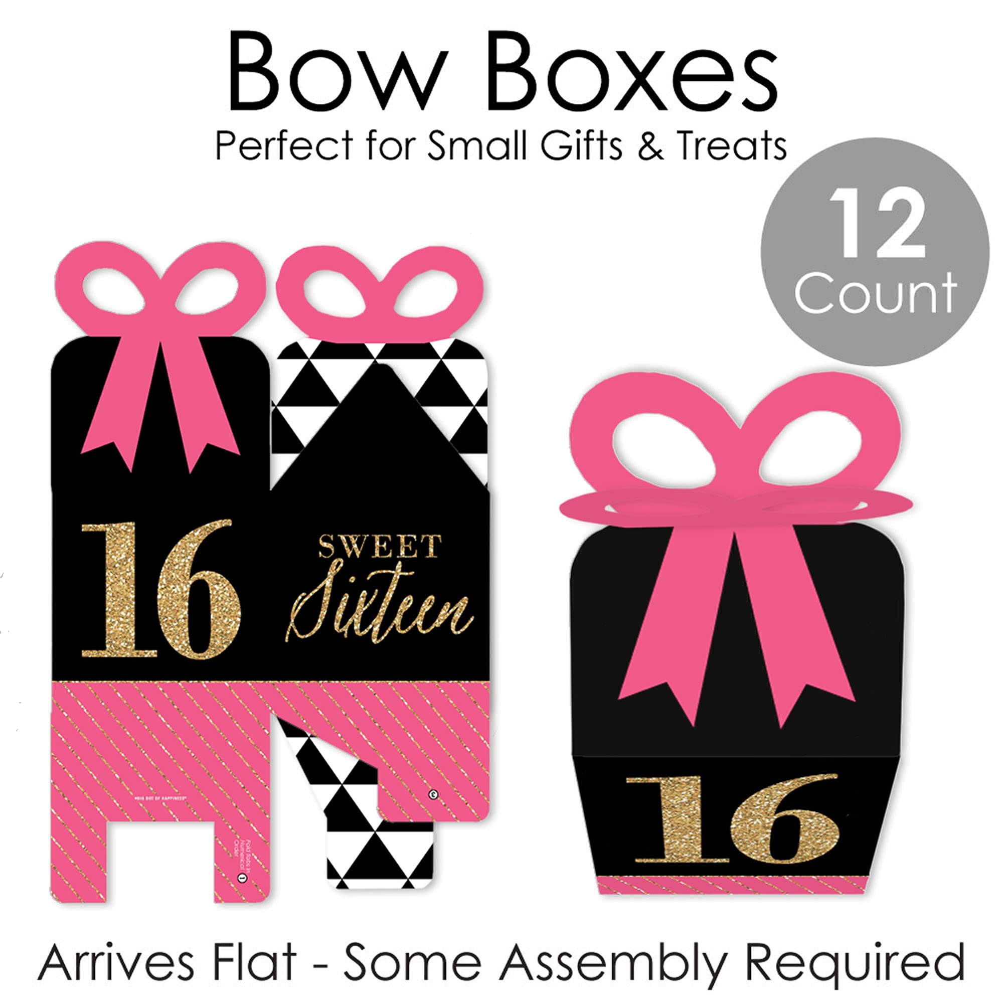 16th Birthday Gift Boxes - Pink, Black & Gold Set of 12 for Party Favors