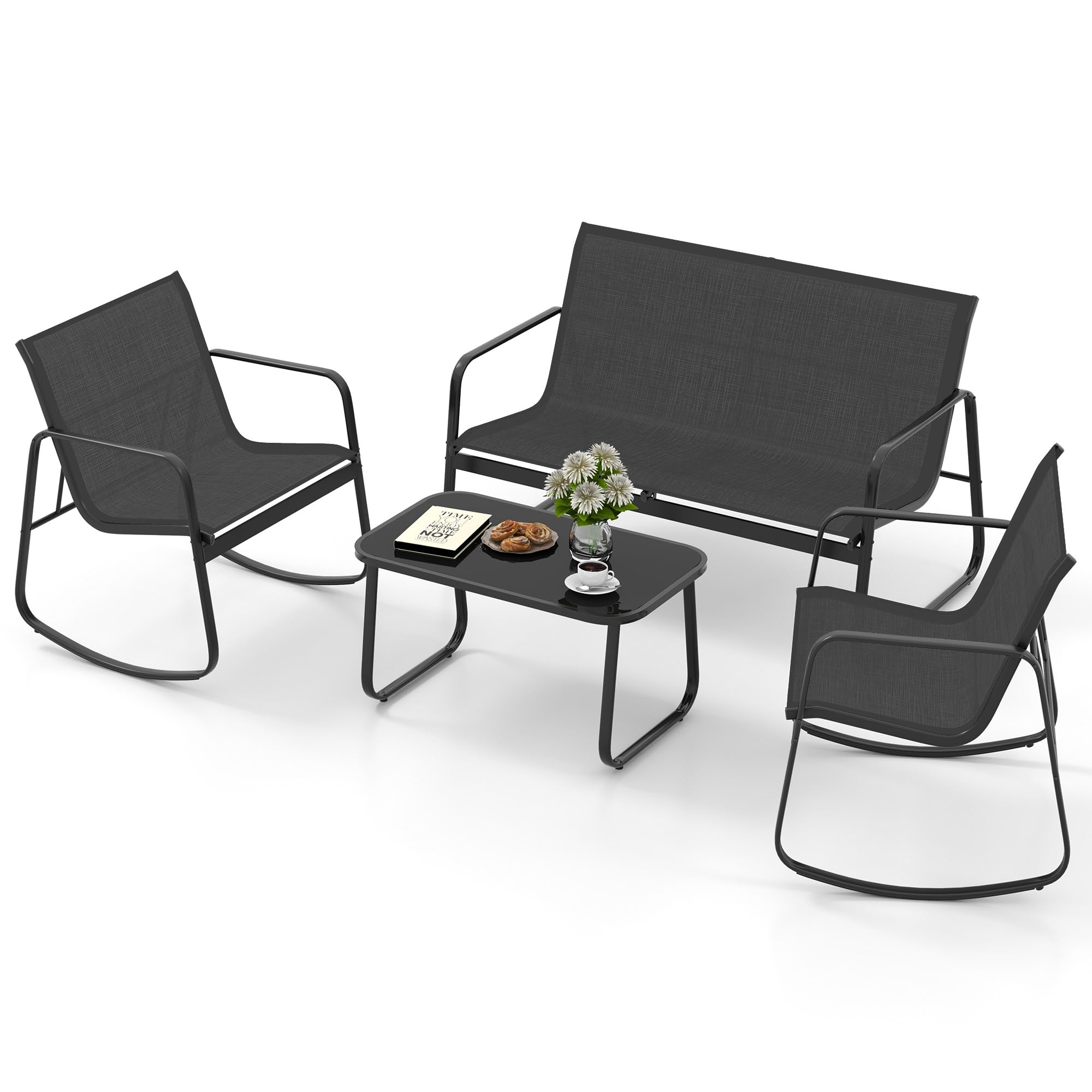 **DWVO 4-Piece Patio Furniture Set - 2 Rocking Chairs, Sofa & Glass Coffee Table - Outdoor Conversation Set for Porch, Deck, Garden, Backyard, Poolside - Black**    *(Perfect for Relaxing, Entertaining, or Enjoying Coffee Outdoors!)*