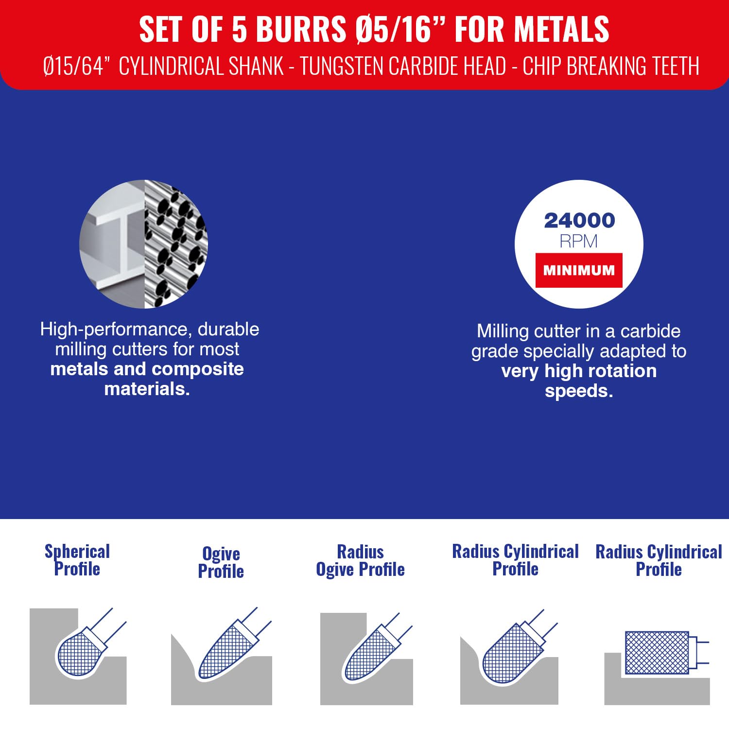 5-Piece Tungsten Carbide Burr Set for Metal - 5/16