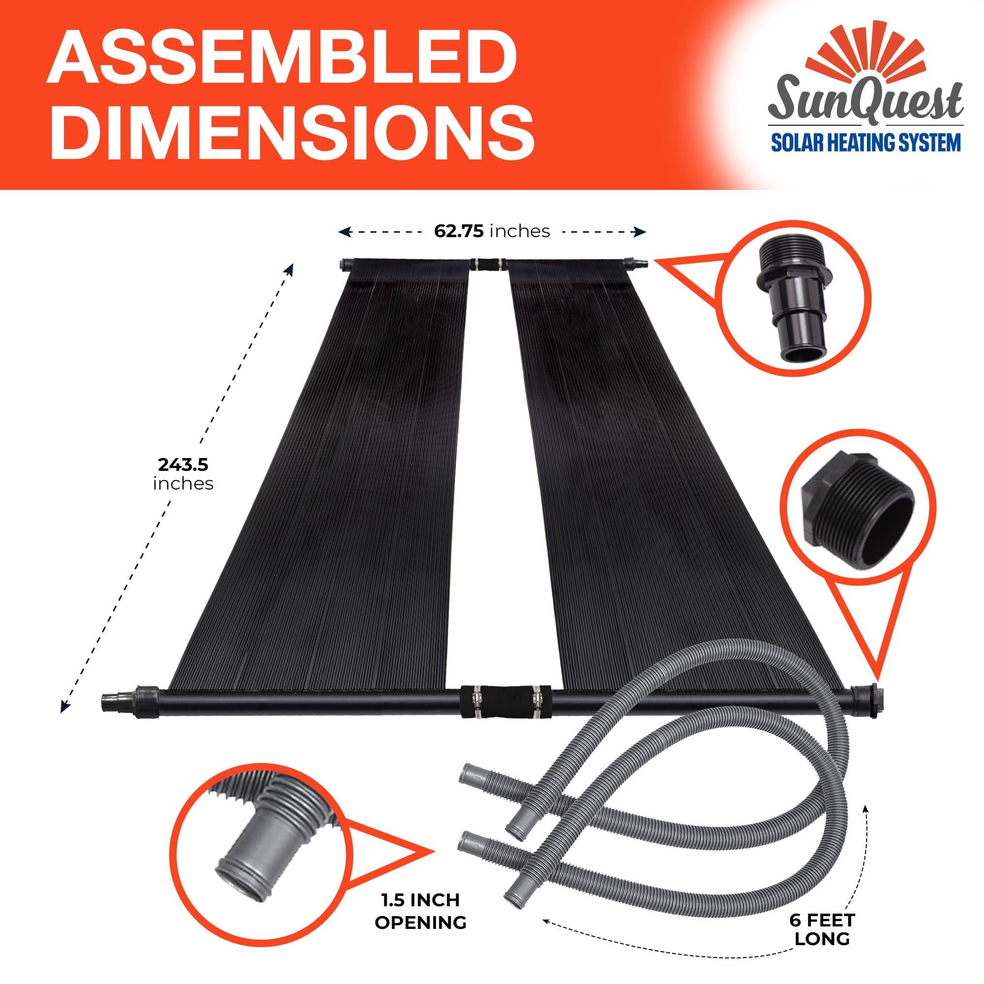 SunQuest Solar Pool Heater Panels - 2 Pack (2ft x 20ft) Solar Collectors with Hose Adapters & 6ft Hoses - Efficient Solar Water Heater for Above Ground and Inground Pools - DIY Installation - UV Resistant Polypropylene Panels - Perfect for Backyard, Residential, and Commercial Pool Heating