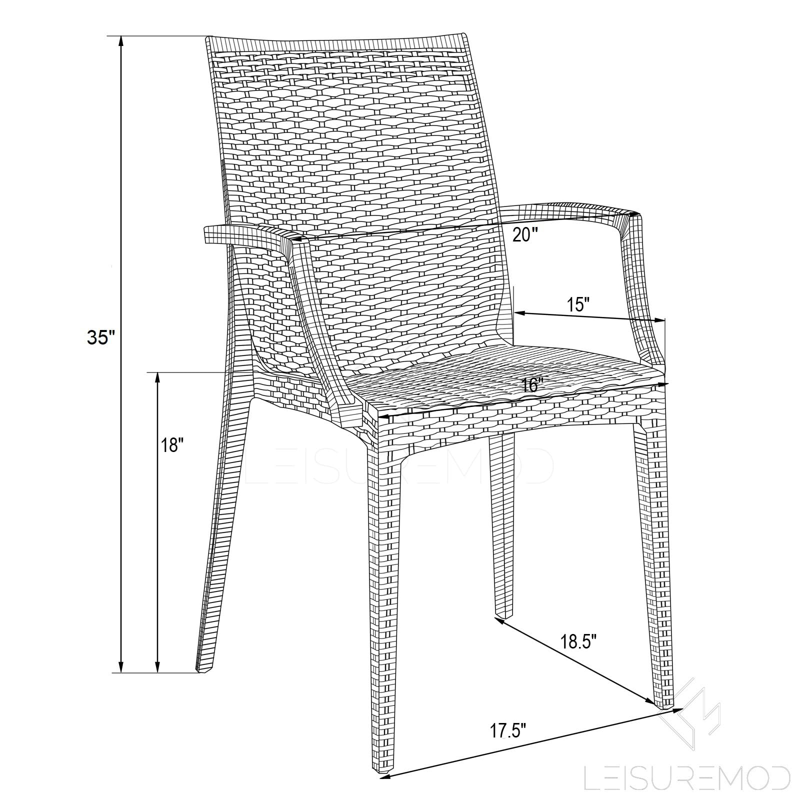 LeisureMod Hickory Weave Indoor Outdoor Patio Dining Side Armchair Set of 2 - Brown Wicker Chairs for Patio, Garden, Poolside & Backyard Relaxation